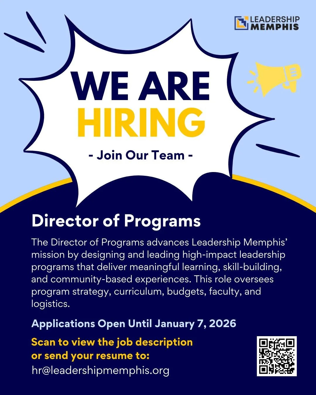 We&rsquo;re hiring a Director of Programs at Leadership Memphis.

This role is critical to advancing our mission&mdash;designing and delivering high-impact programs that develop community leaders, create meaningful connections, and drive real impact 