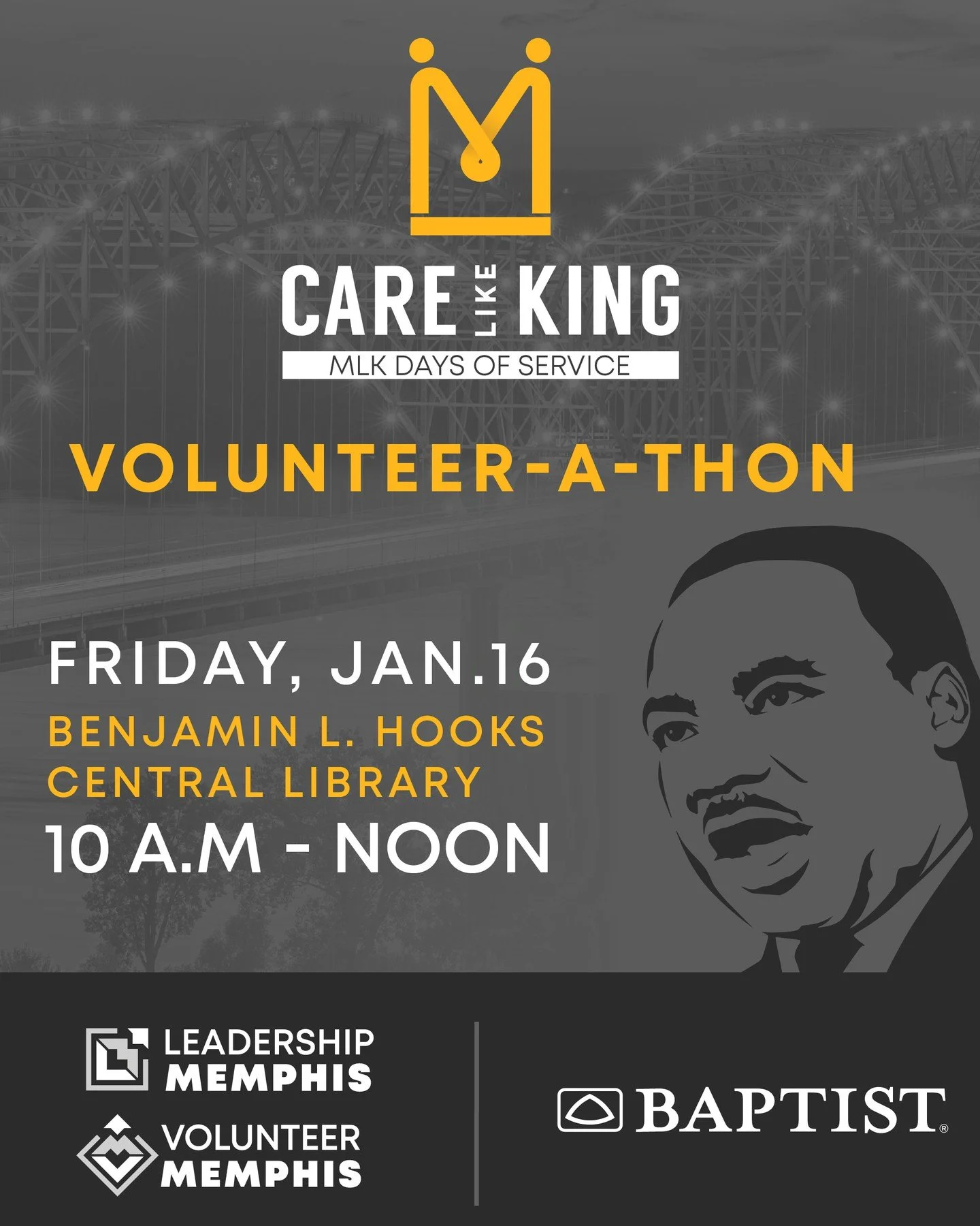 Care Like King and join @VolunteerMemphis for a high-energy Volunteer-A-Thon as part of the 2026 MLK Days of Service! 

📅 Friday, January 16
⏰ 10:00 a.m. &ndash; 12:00 p.m.
📍 Benjamin L. Hooks Central Library (Poplar Ave)

We&rsquo;ll work together