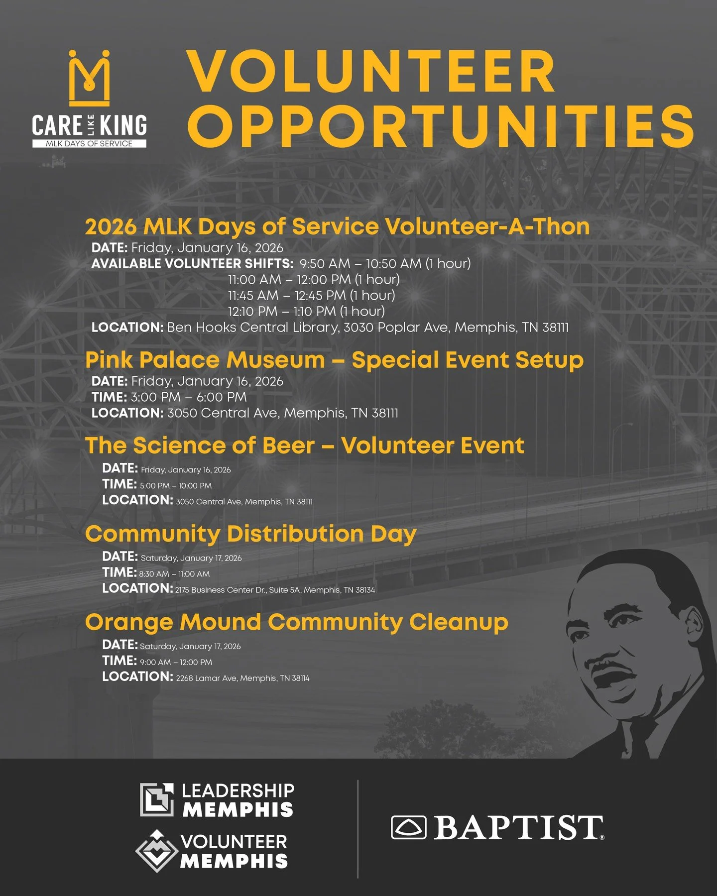 We&rsquo;re rolling up our sleeves for the MLK Days of Service, and we want you with us.

@VolunteerMemphis has lined up volunteer projects across Memphis&mdash;each one designed to make a real, hands-on impact in our community. Pick a project that f