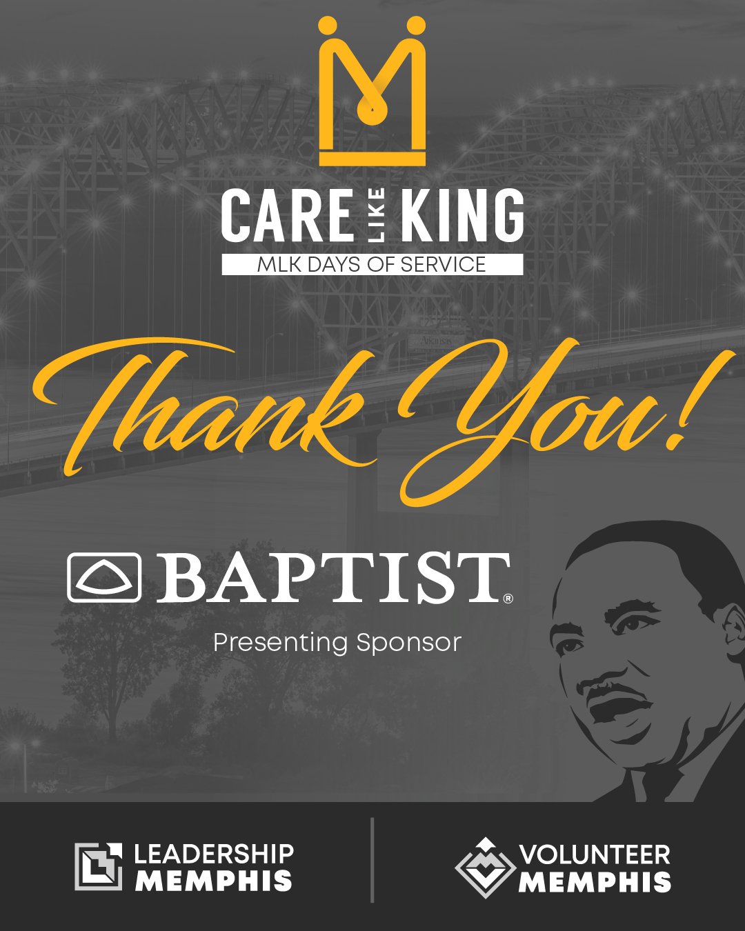 We&rsquo;re incredibly grateful to Baptist Memorial Hospital for sponsoring our 2026 MLK Day of Service Volunteer-A-Thon held on Friday, January 16. Because of Baptist&rsquo;s partnership and commitment to community care, Volunteer Memphis and Leader