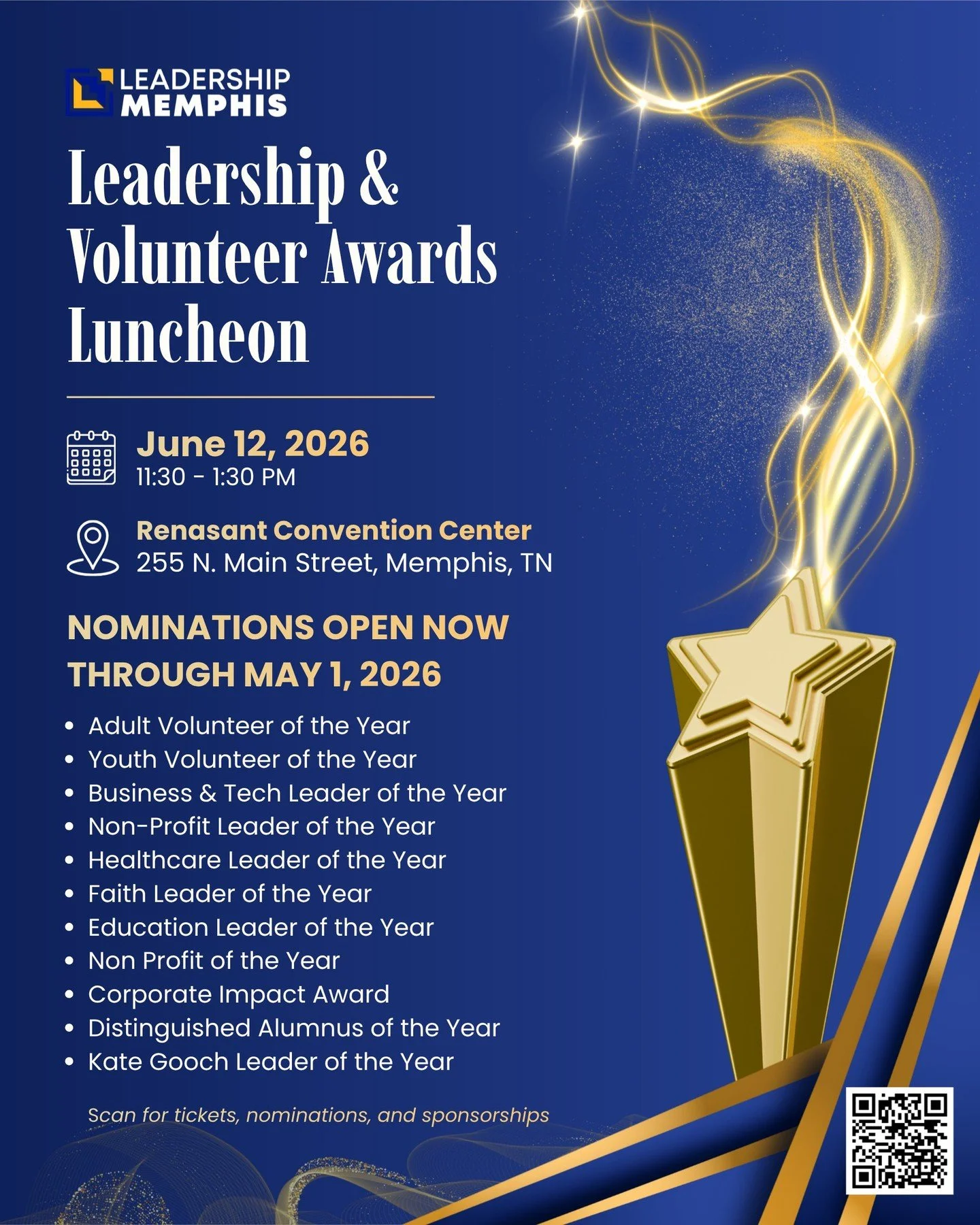 Do you know someone doing the work to move Memphis forward? 🌟 Nominations are OPEN NOW through May 1, 2026, for the Leadership &amp; Volunteer Awards Luncheon! 

We are looking for outstanding changemakers across multiple categories, including volun