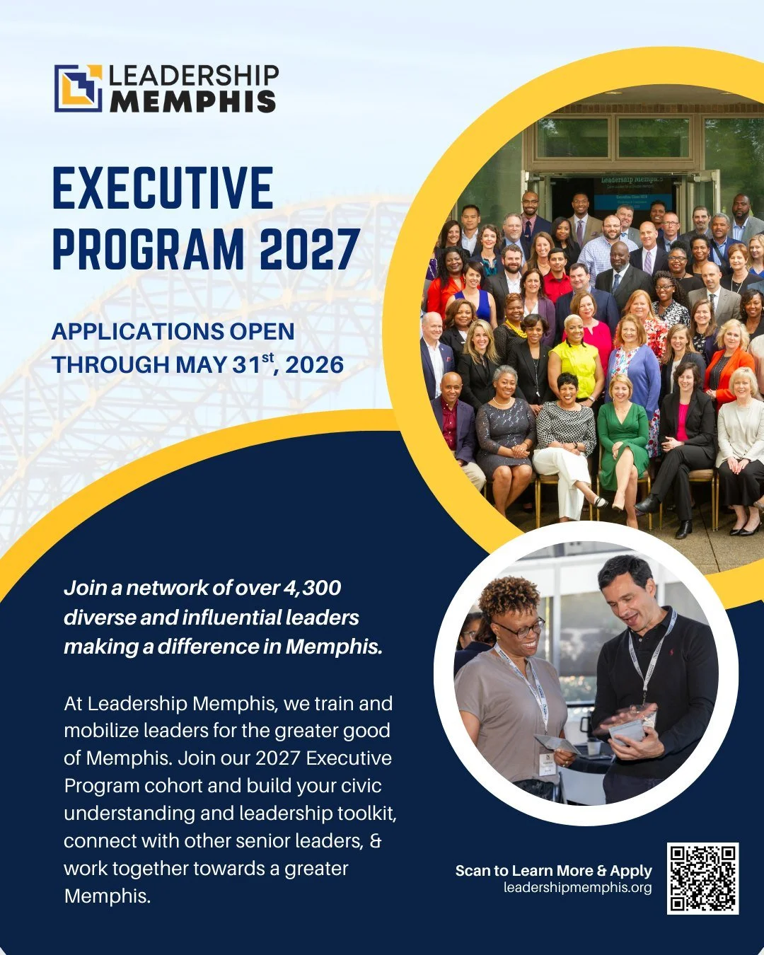 The next cohort of the Leadership Memphis Executive Program is forming&mdash;apply by May 31.

Built for seasoned executives, this immersive nine-month program offers a closer look at the forces shaping Memphis while connecting leaders committed to m