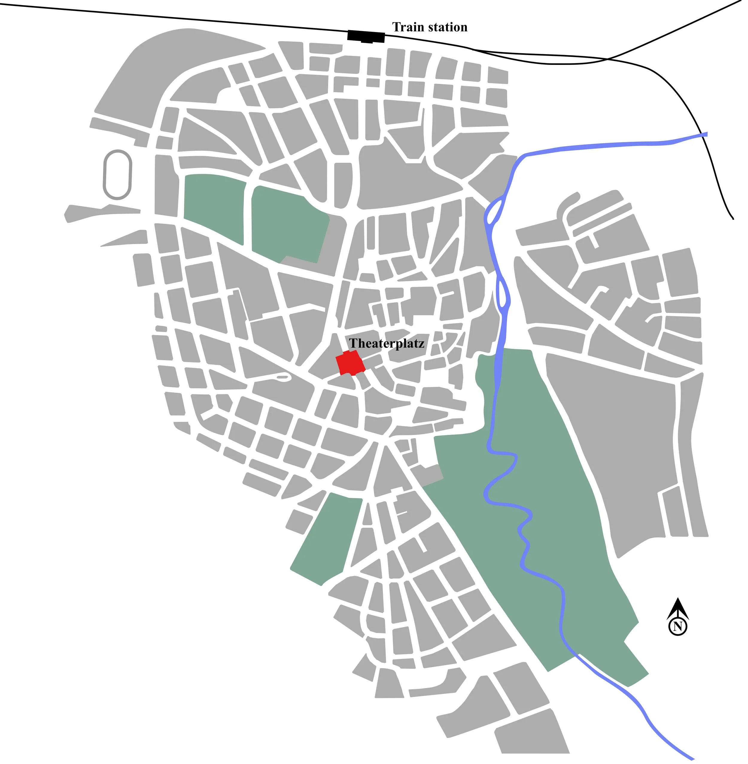 abstract city plan of the city of weimar. On top, the train station is marked, in the middle, the theaterplatz (theater court) is highlighted in red. A little icon on the right corner marks that the upper side of the map points north