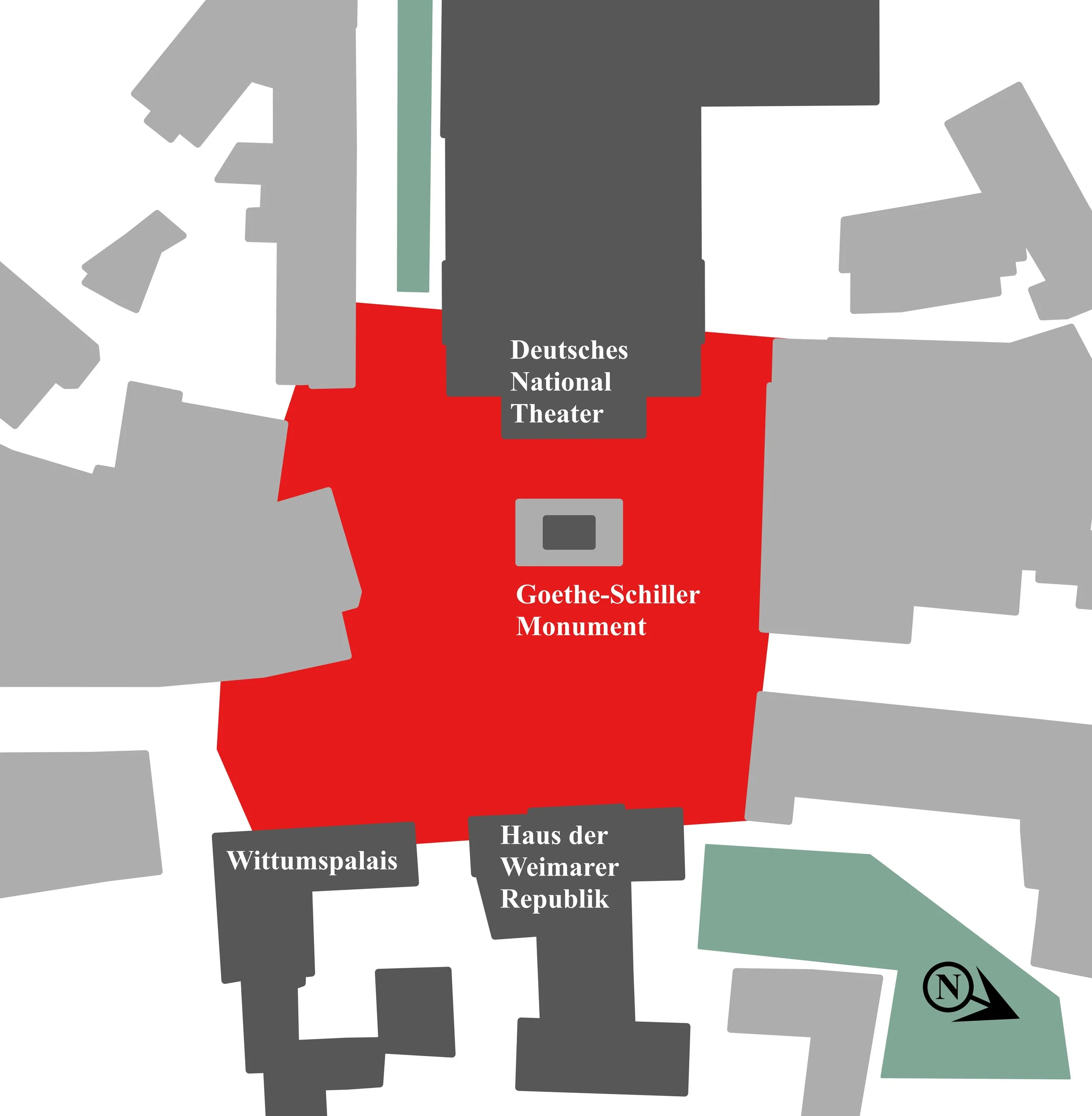 map of the "Theaterplatz Weimar" (theatre court). The court highlighted in red, the monument of Goethe and Schiller is marked. "Deutsches Nationaltheater" is marked (German national theater). Wittumspalais and House of Weimar Republic are marked.
