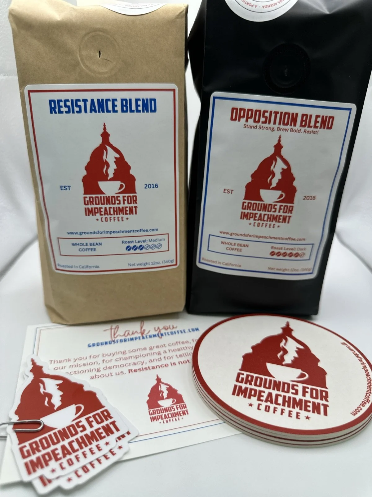 Grounds for Impeachment Coffee Defiance Bundle — includes Resistance Blend, Opposition Blend, four G4IC coasters, and two stickers