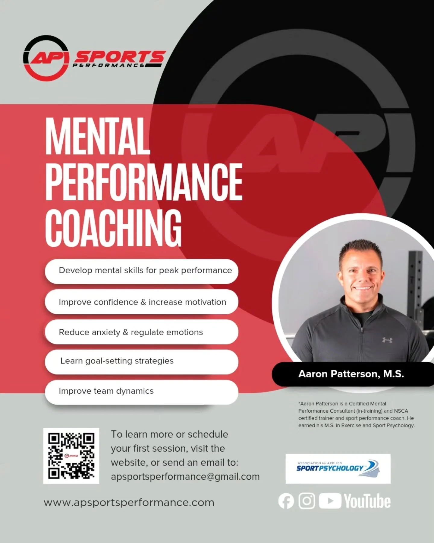 Learn skills to help you become more resilient, reduce competition anxiety, and reframe negative thoughts that are holding you back. One-on-one and team sessions available. For more information on mental skills training, go to www.apsportsperformance