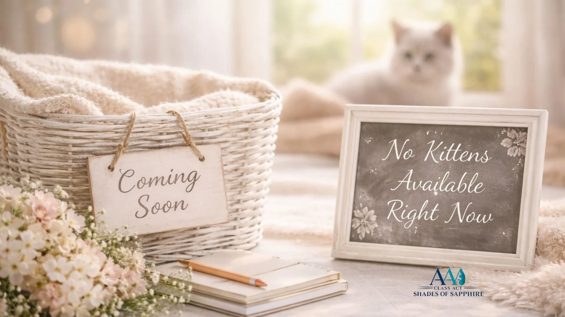 soft neutral nursery-style scene indicating upcoming Ragdoll kittens, with signage noting no kittens available at this time