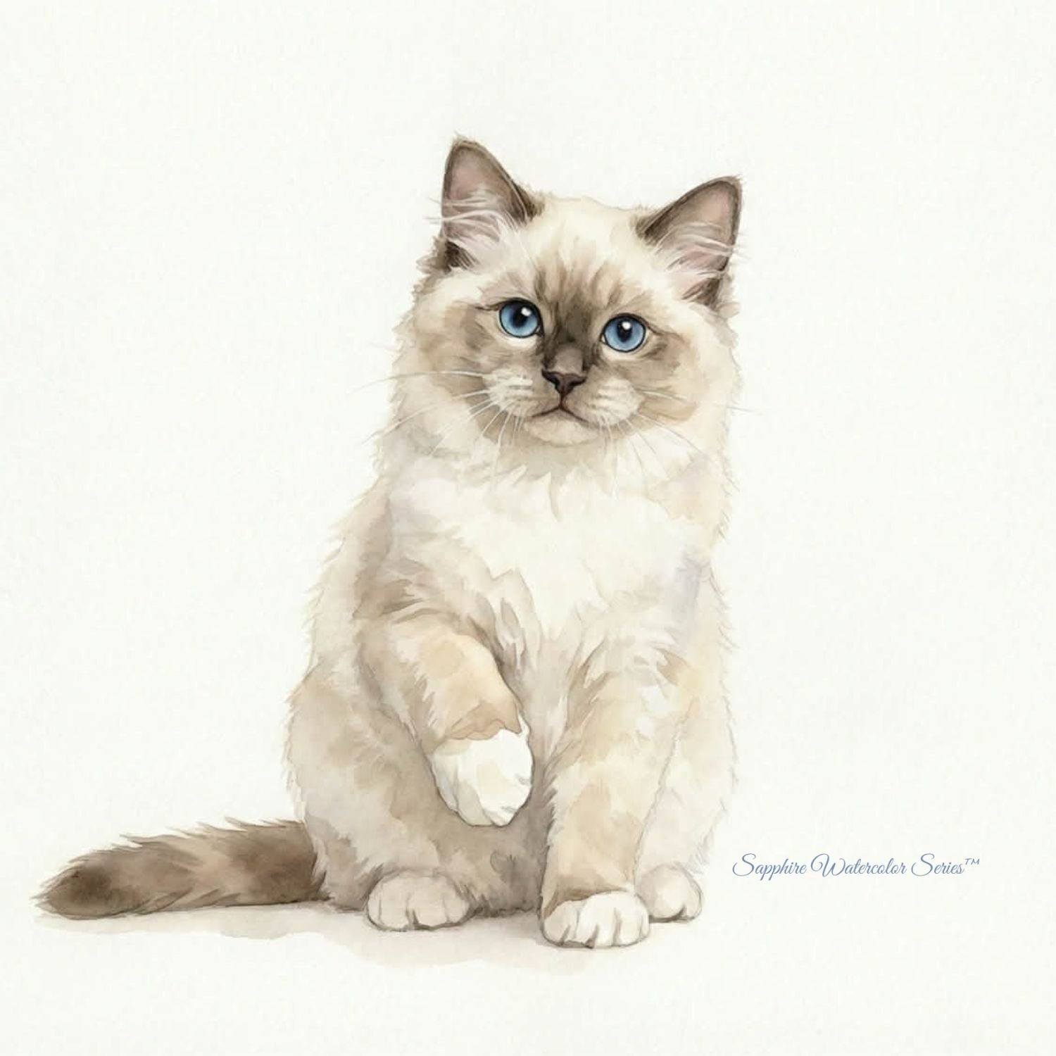Watercolor illustration of s Ragdoll Playful Explorer , part of the Sapphire Watercolor Series by AAA CLASS ACT – Shades of Sapphire Ragdolls.
