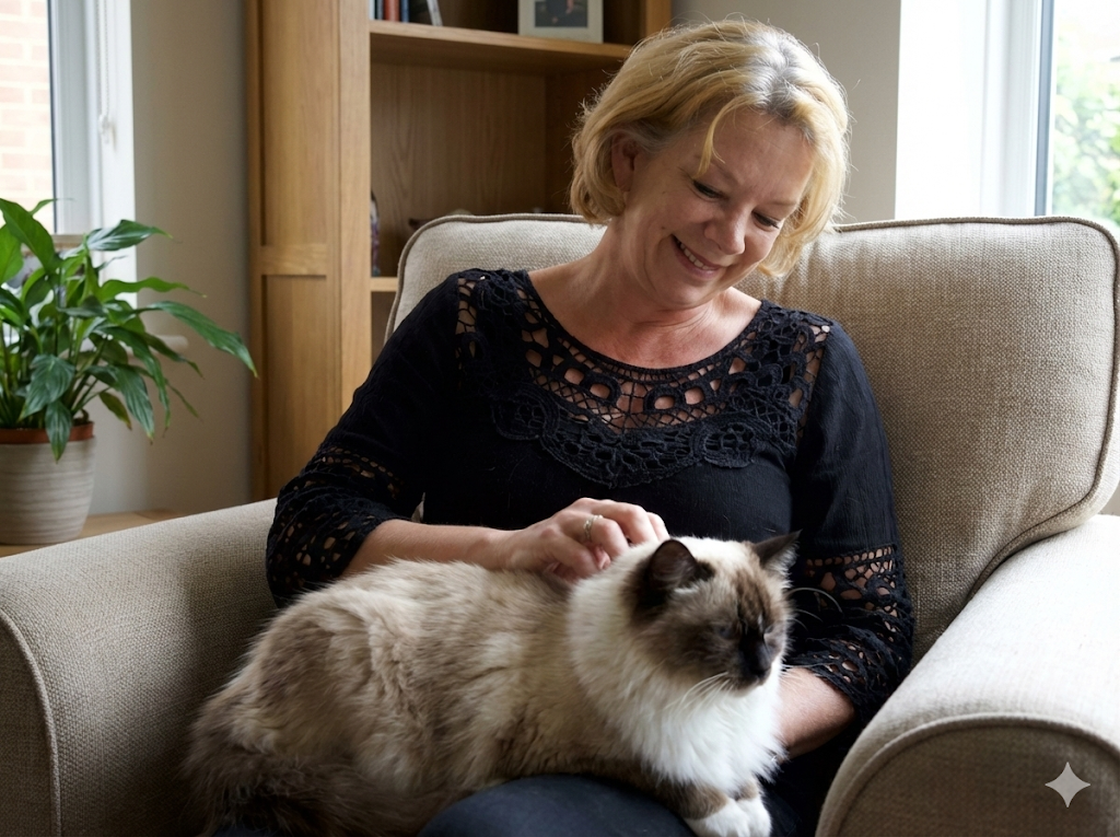 Ohio Ragdoll breeder Tamara Shade gently interacting with a Ragdoll cat, demonstrating a guided, personality-based kitten matching process.