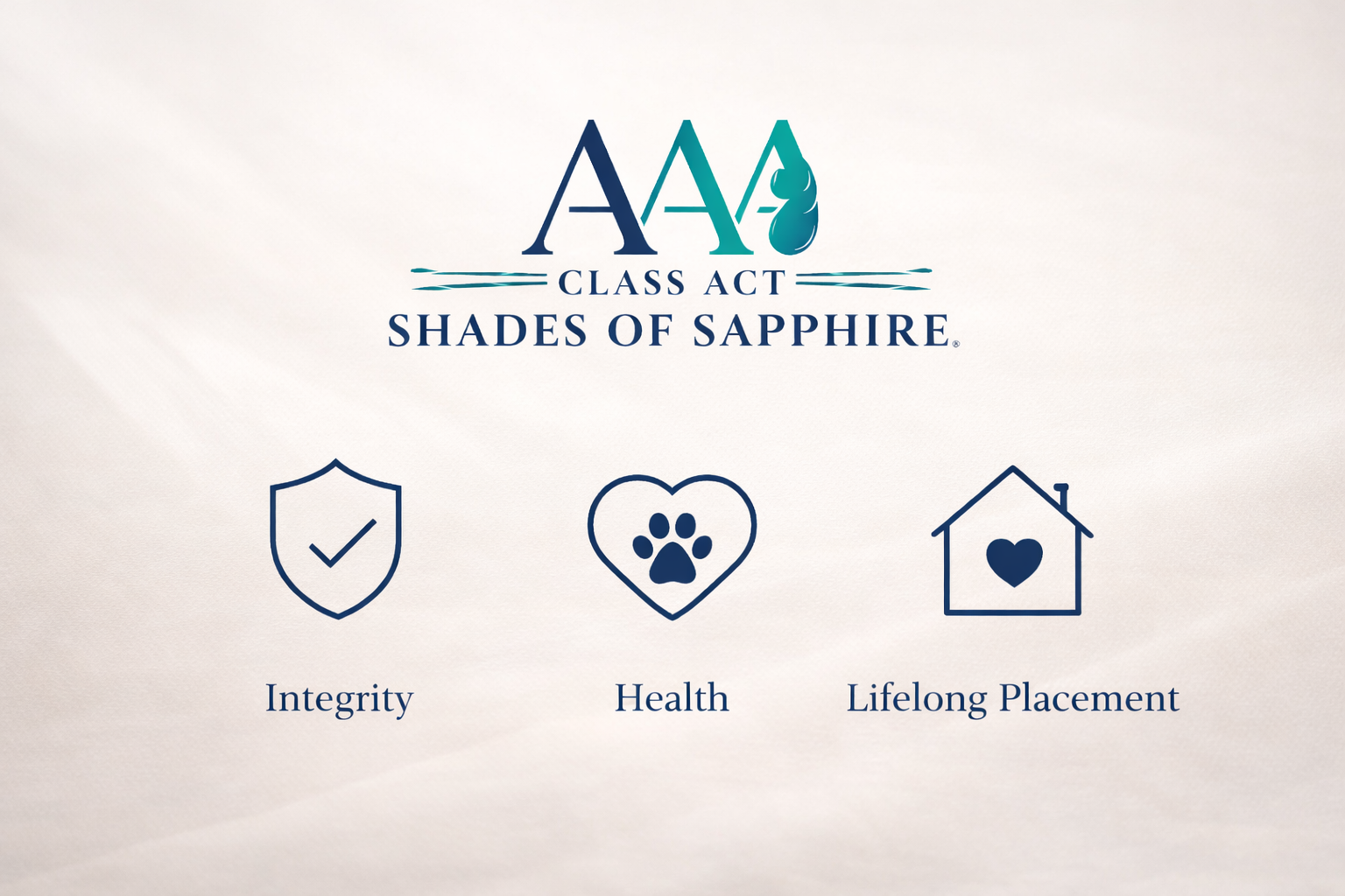 AAA Class Act – Shades of Sapphire Ragdolls values graphic highlighting integrity, health, and lifelong placement in an ethical Ohio Ragdoll breeding program
