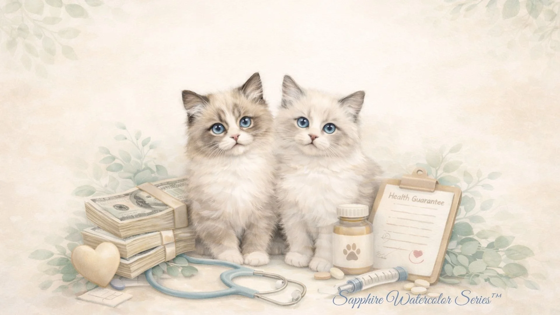 Two Ragdoll kittens surrounded by symbols of health care, veterinary support, and responsible adoption practices in a soft, elegant setting.