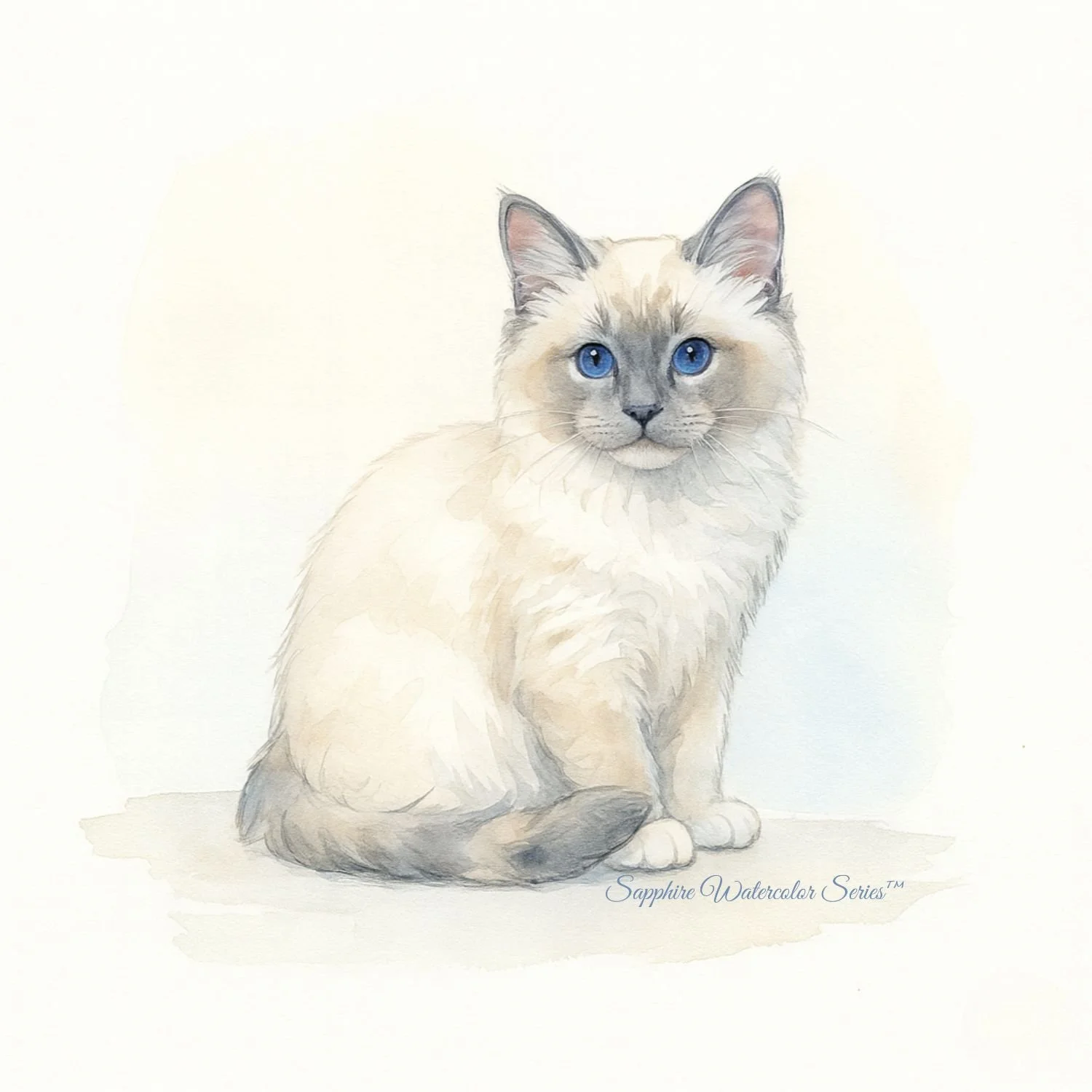 Blue-eyed Ragdoll kitten illustrated in a soft watercolor style, representing gentle temperament and personality development at AAA Class Act – Shades of Sapphire Ragdolls in Ohio.