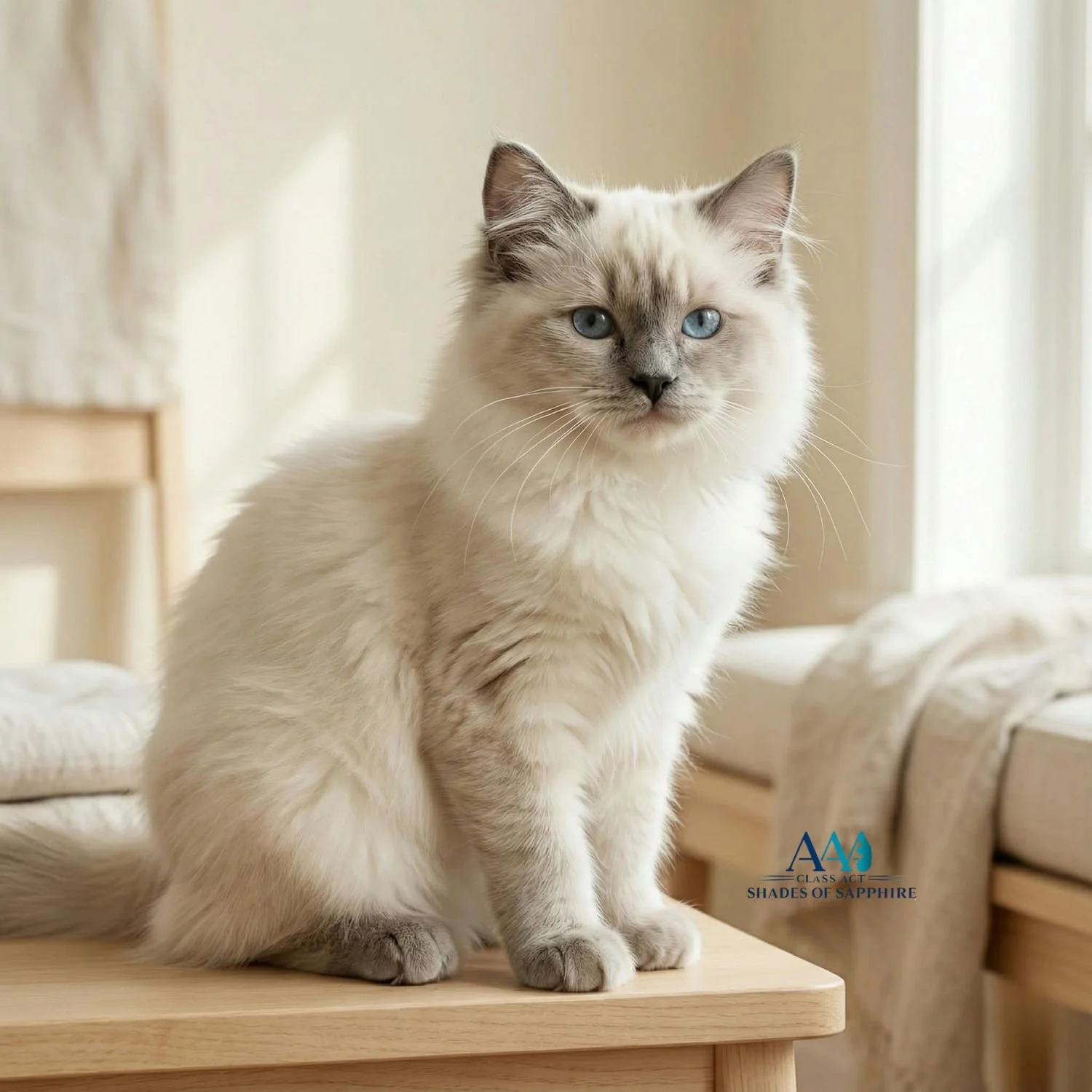 Family-raised ragdoll kitten from Shades of Sapphire Ragdolls sitting calmly in a light-filled home environment, representing the next steps in the ethical adoption process