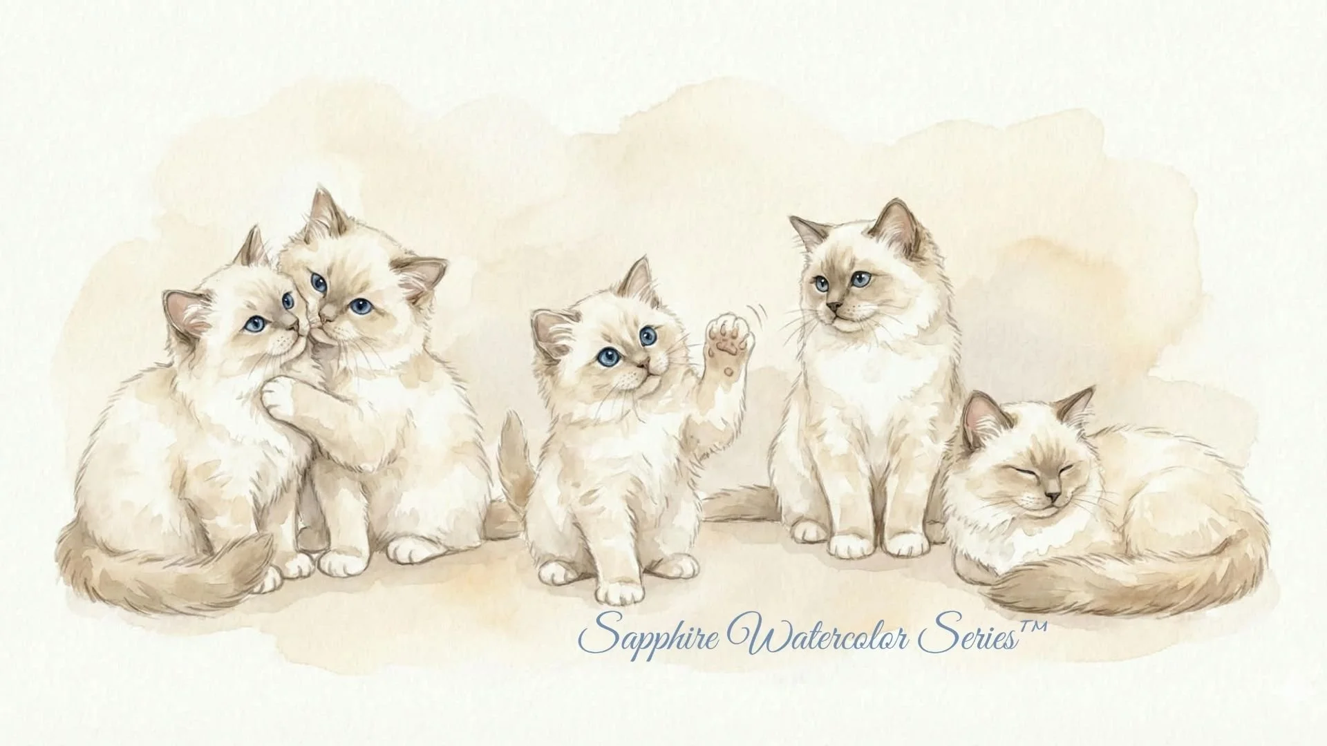 Watercolor illustration of Ragdoll kittens representing different kitten personality types, part of the Sapphire Watercolor Series by AAA CLASS ACT - Shades of Sapphire Ragdolls.