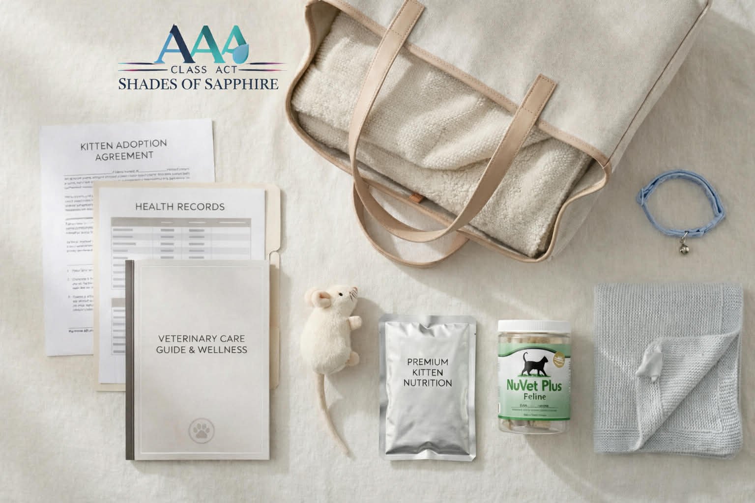 AAA Class Act - Shades of Sapphire Ragdolls adoption starter kit including health records, care guide, NuVet Plus Feline supplement, toy, and comfort items