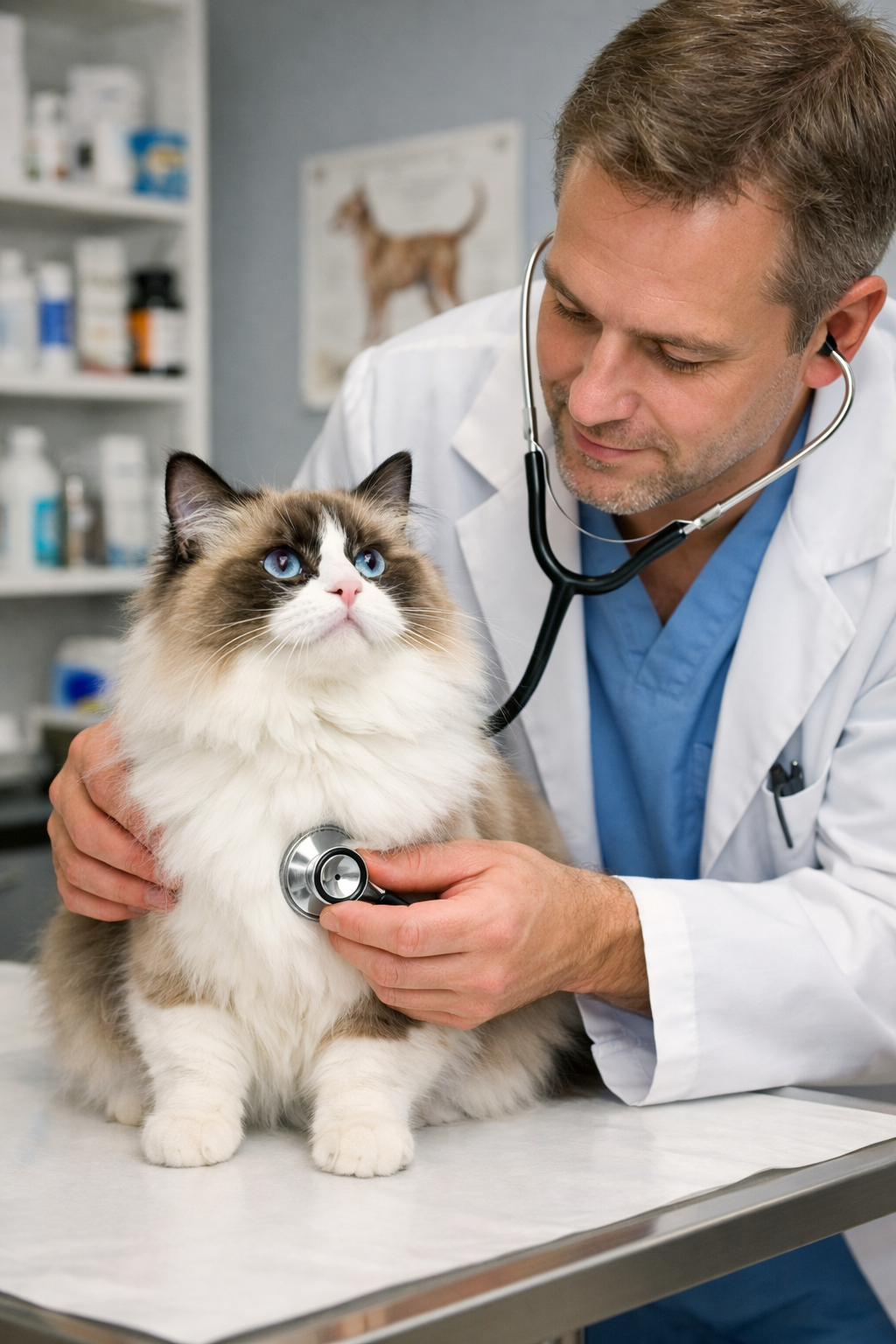 Ragdoll kitten receiving a veterinary examination as part of our health guarantee at AAA Class Act – Shades of Sapphire Ragdolls