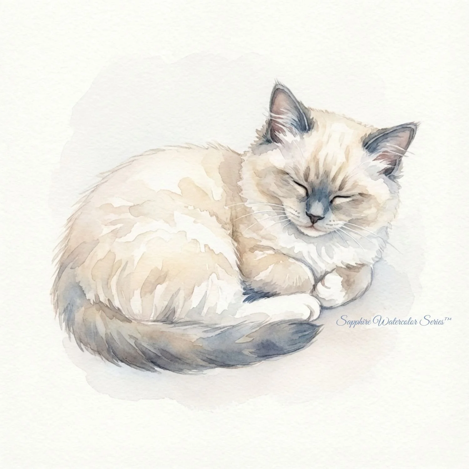 Blue-eyed Ragdoll kitten illustrated Snuggler  in a soft watercolor style, representing gentle temperament and personality development at AAA Class Act – Shades of Sapphire Ragdolls in Ohio.