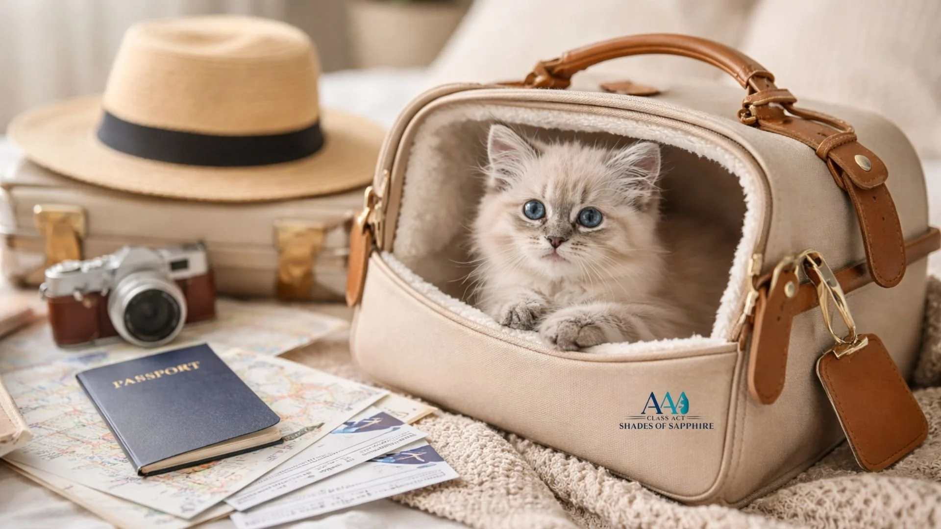 Ragdoll kitten resting comfortably in a soft travel carrier surrounded by travel essentials, representing safe and thoughtful kitten transport