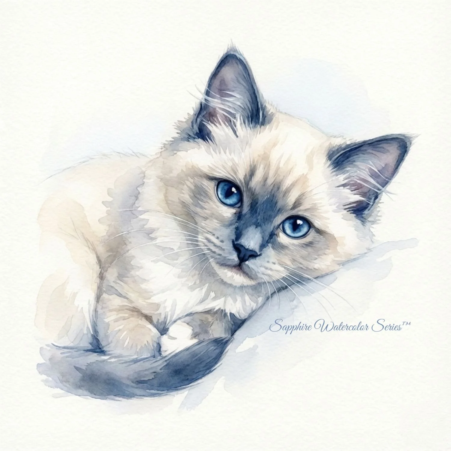 Watercolor illustration of Ragdoll kittens representing different kitten personality types, part of the Sapphire Watercolor Series by AAA CLASS ACT – Shades of Sapphire Ragdolls.