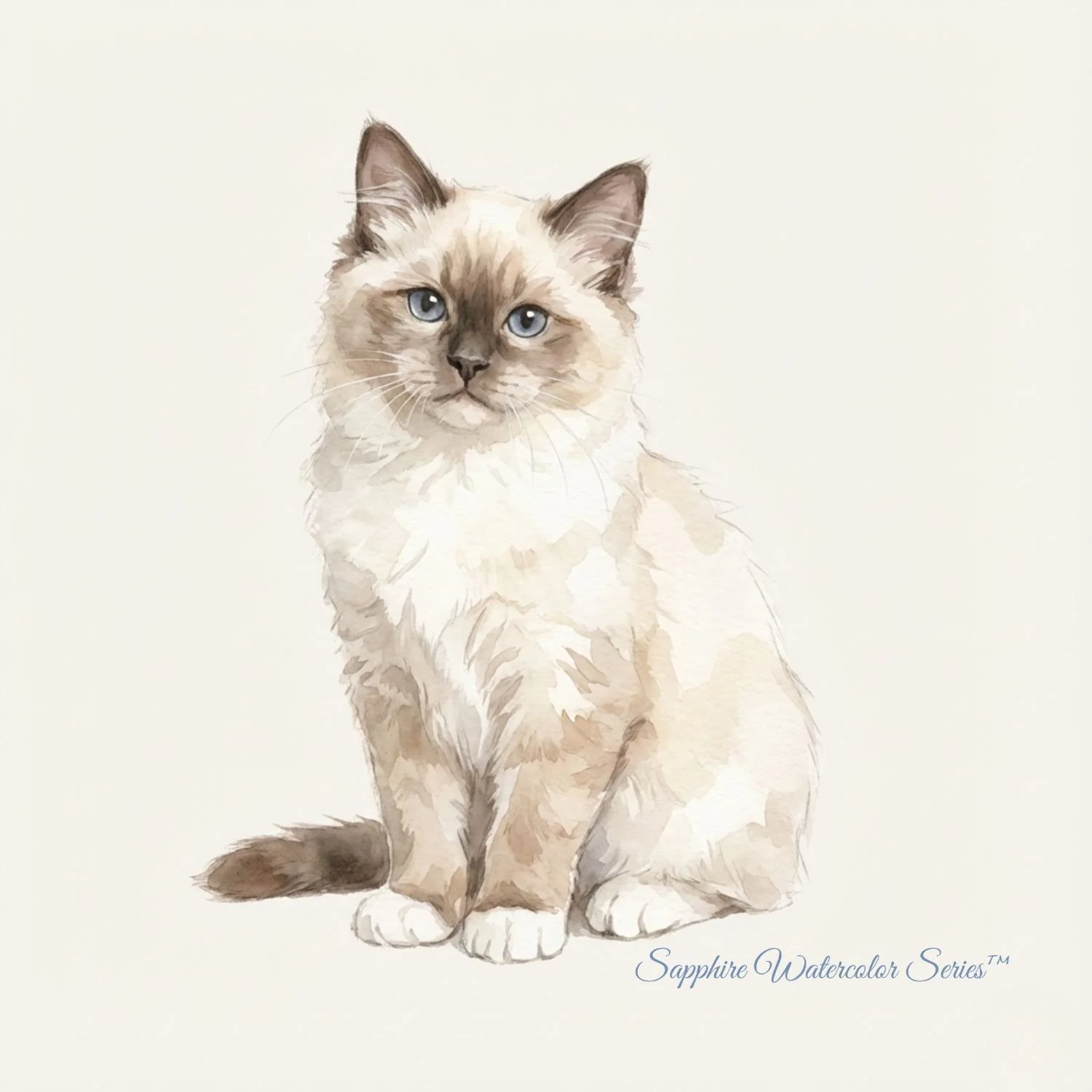 Blue-eyed Ragdoll kitten illustration style, representing gentle temperament and personality development at AAA Class Act – Shades of Sapphire Ragdolls in Ohio.