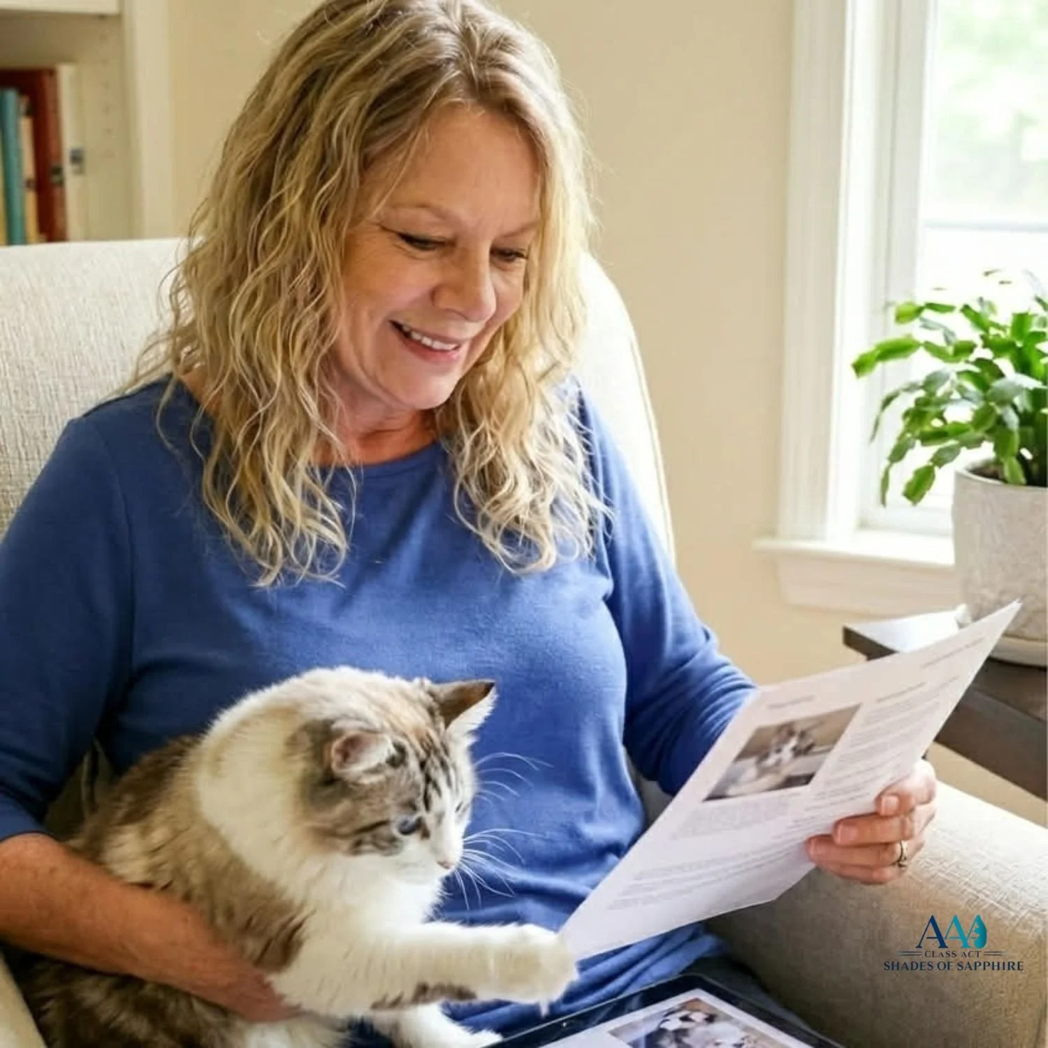 Breeder reviewing kitten personality information with her Ragdoll cat Caraline as part of the Shades of Sapphire family matching process