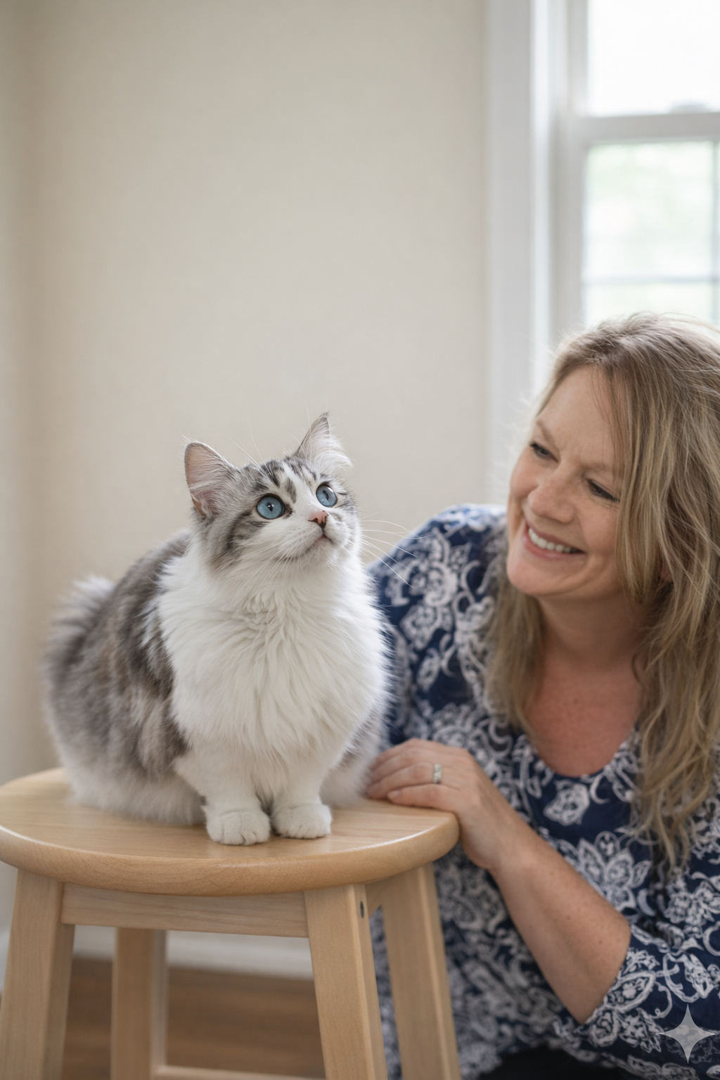 Founder of AAA Class Act – Shades of Sapphire Ragdolls sharing a quiet moment with a Ragdoll cat, reflecting the origins of a small, home-based, ethical Ragdoll breeding program focused on temperament and integrity.