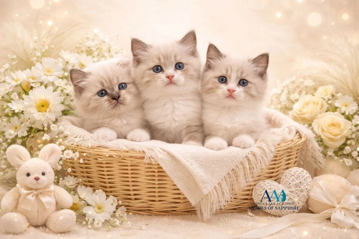 Three blue-eyed Ragdoll kittens in a basket at AAA Class Act – Shades of Sapphire Ragdolls