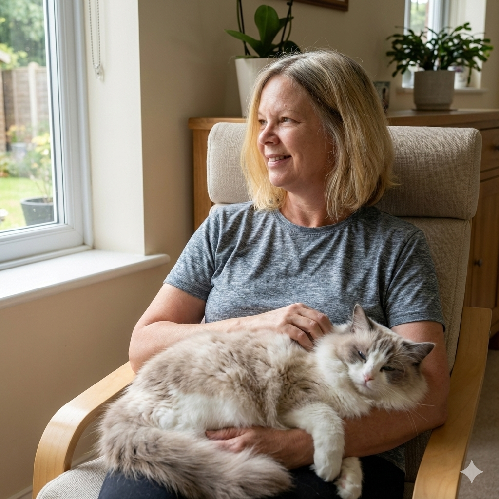 Ohio Ragdoll breeder Tamara Shade gently interacting with a Ragdoll cat, demonstrating a guided, personality-based kitten matching process.