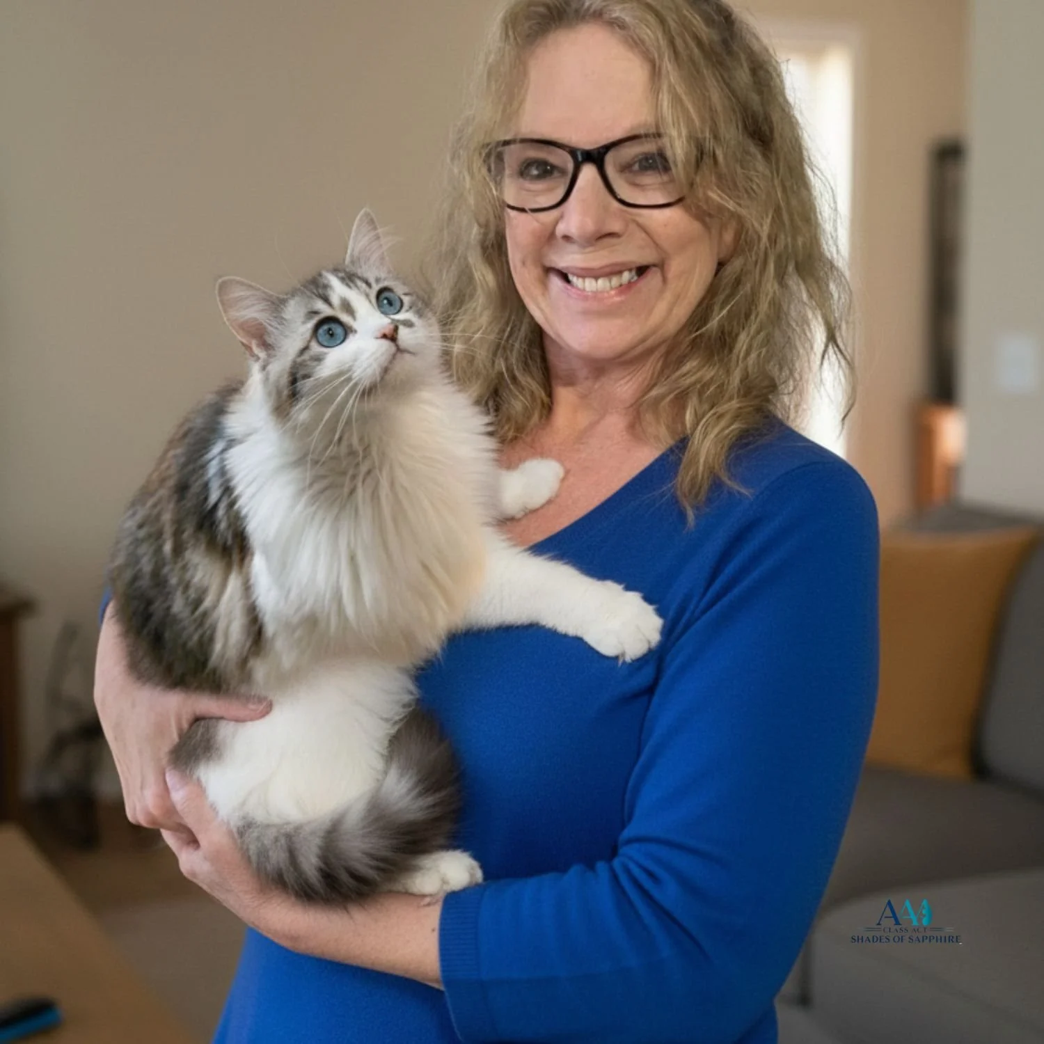 Owner-breeder of AAA CLASS - Shades of Sapphire Ragdolls holding her beginning Ragdoll cat Caraline, the heart of the ethical breeding program
