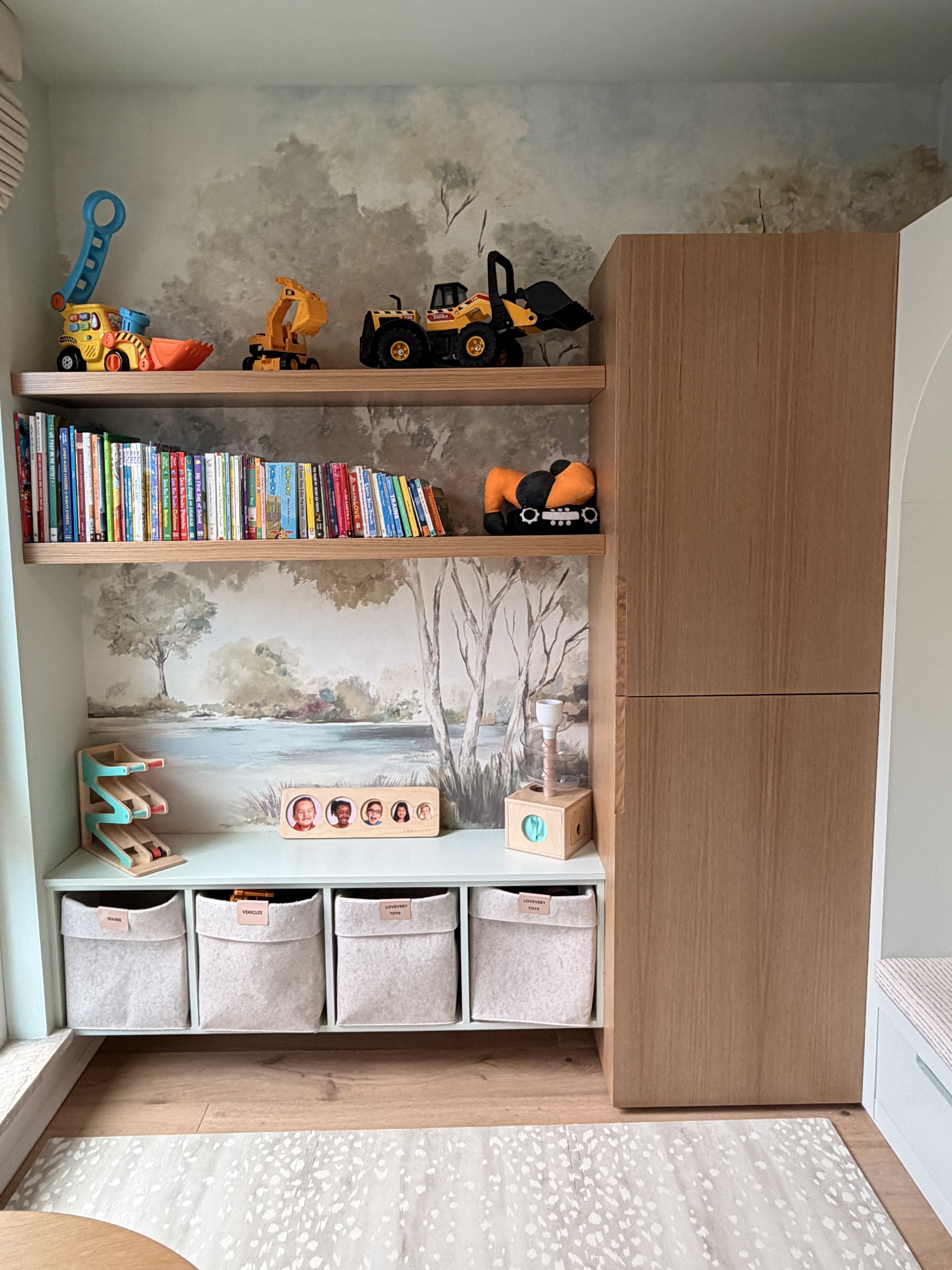 Toys, books, and baskets organized on shelving in a child's room.