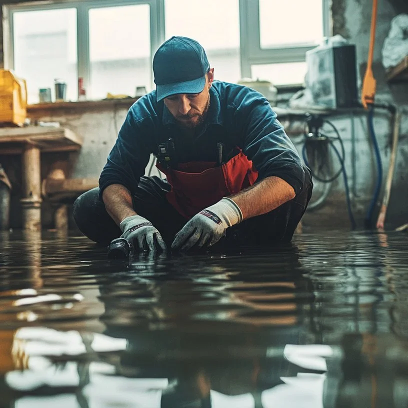 Plumber in flooded room