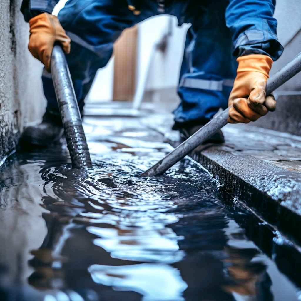 Plumber with tools to fix blocked drain