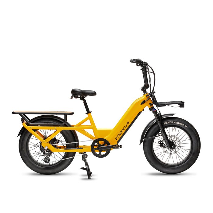 Yellow electric cargo bike with a black seat, front and rear racks, and thick tires.