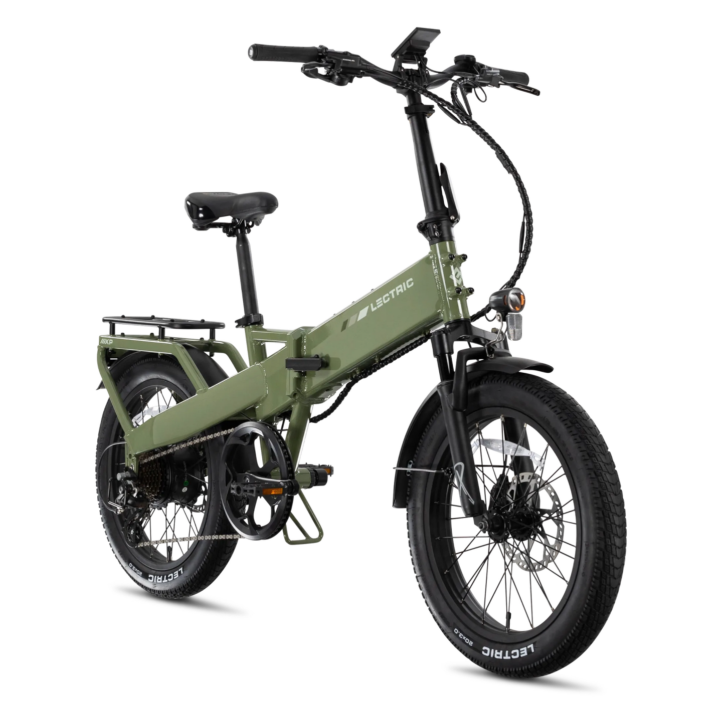 Green electric bicycle with thick tires, black handlebars, and a display screen, positioned on a white background.