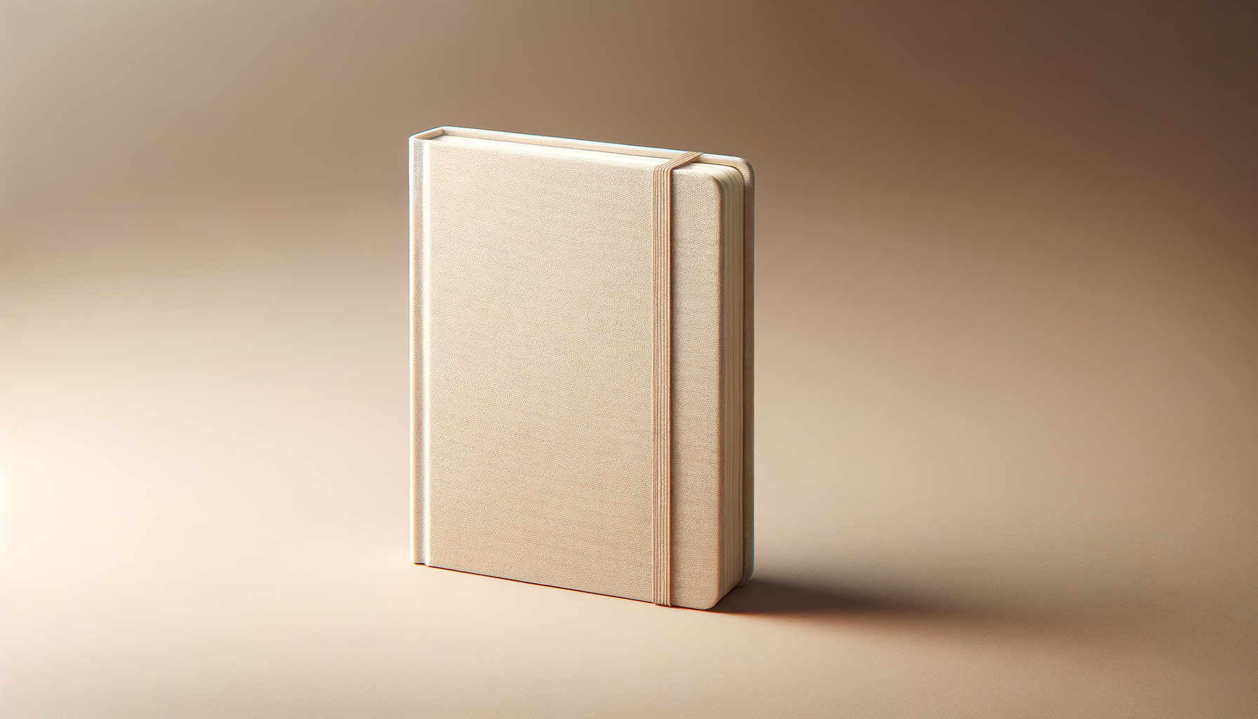 A beige hardcover notebook with an elastic band stands upright on a smooth surface against a gradient background.