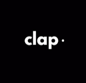 Logo with the word 'clap' and a dot on a black background, in white font.