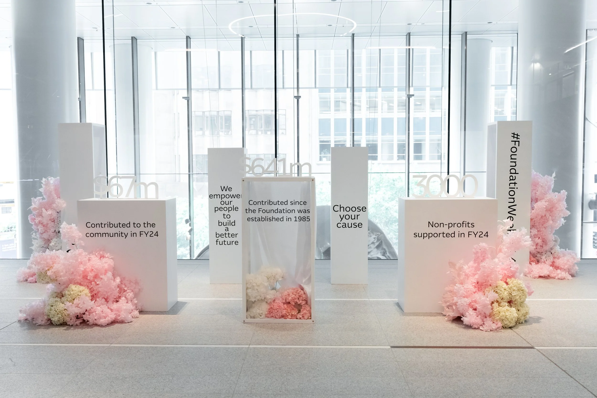 Exhibition display featuring white pillars with text about community contributions, foundation history, and nonprofit support. Pink and white floral arrangements are at the base. Background shows large windows.