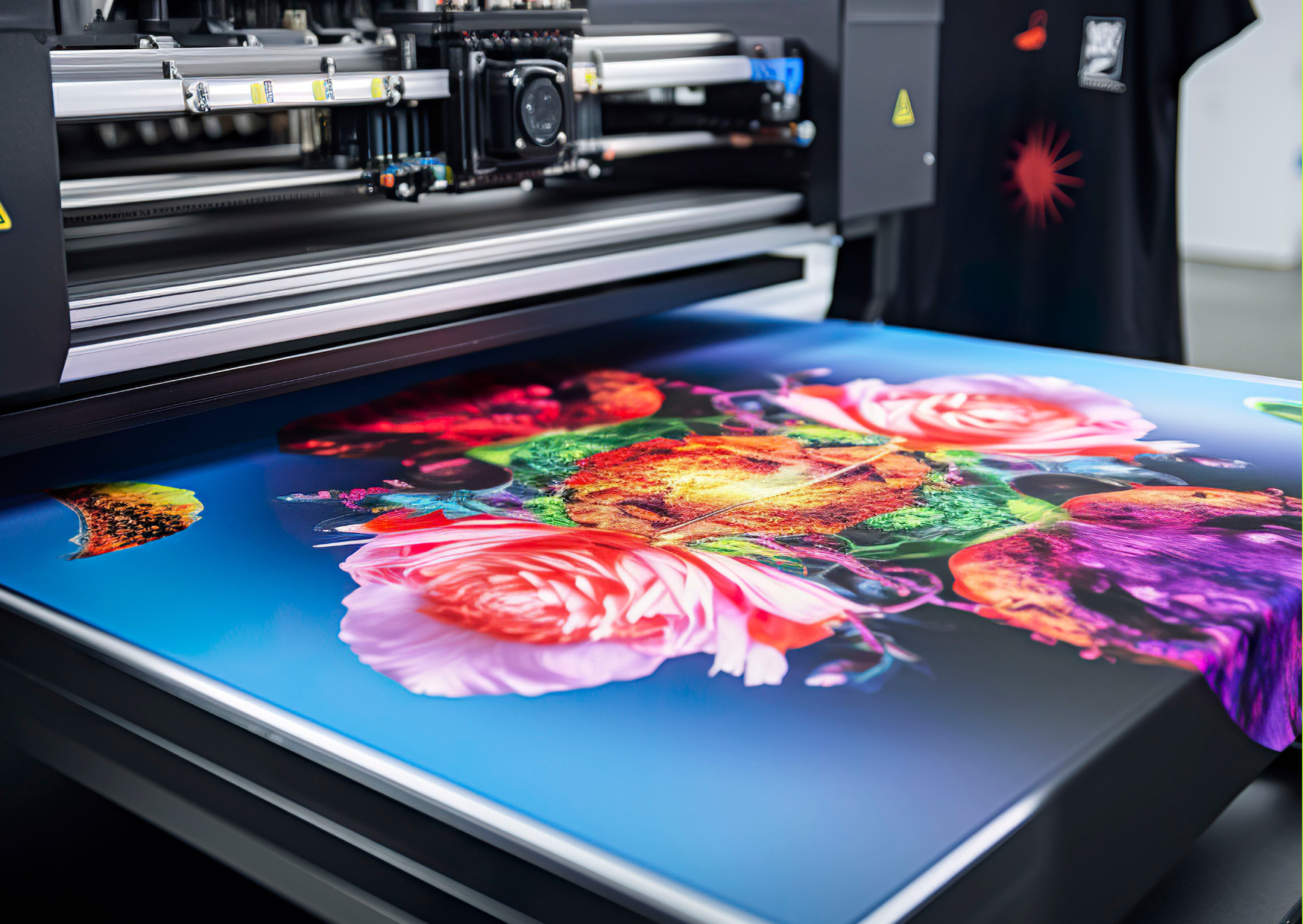 Commercial Printer printing a brightly coloured flower design.