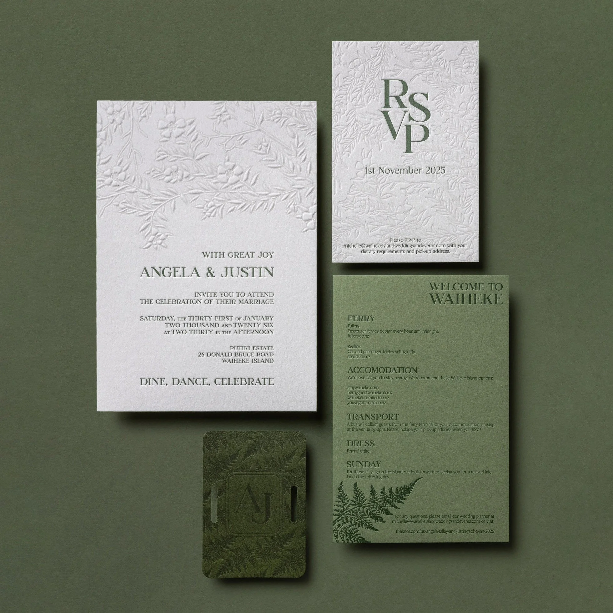 Green and cream wedding invitation suite with invitation, details card, RSVP card and personalised monogram invitation tie.