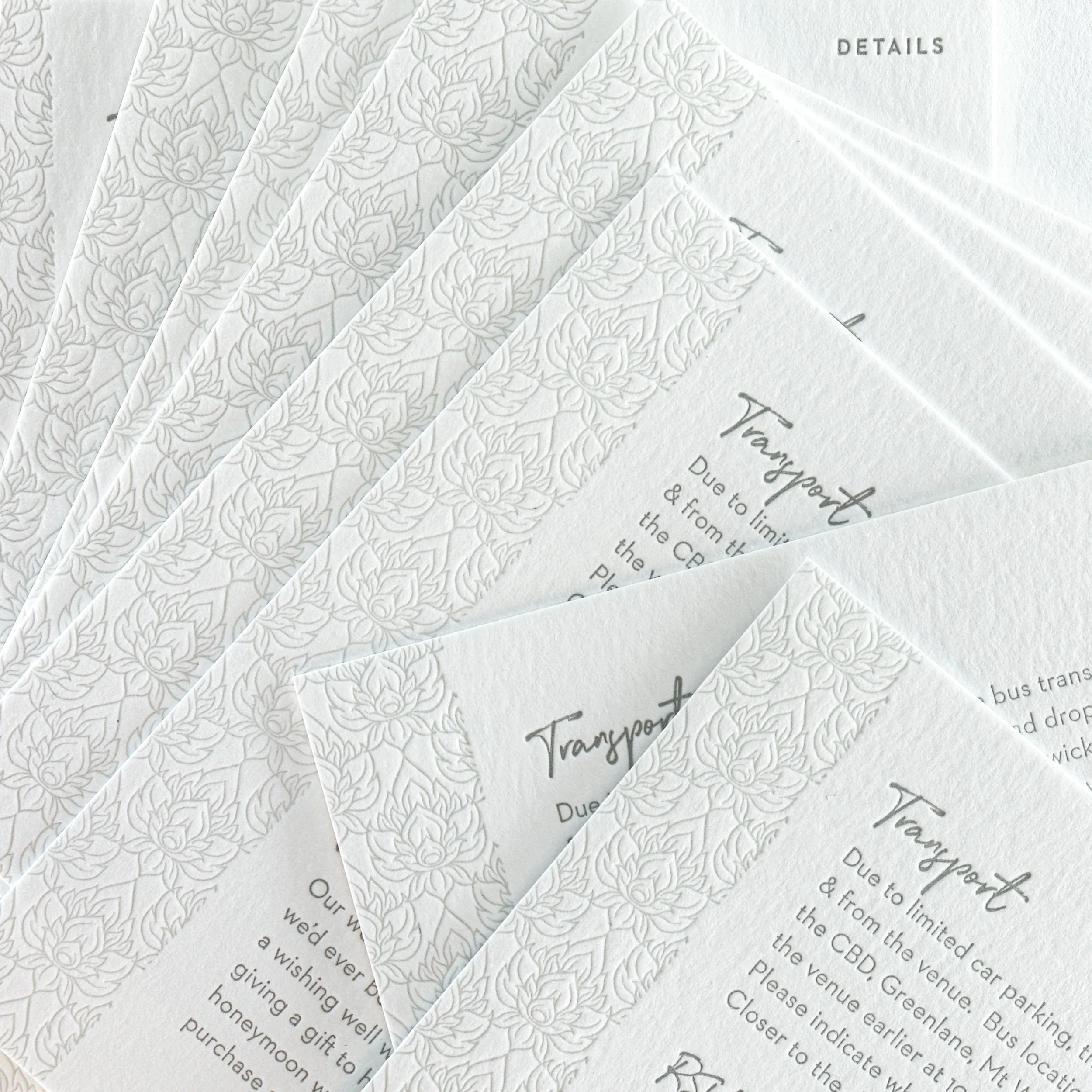Beach-inspired letterpress wedding invitation featuring coastal native plants, printed on luxurious cotton card, designed and crafted in New Zealand.