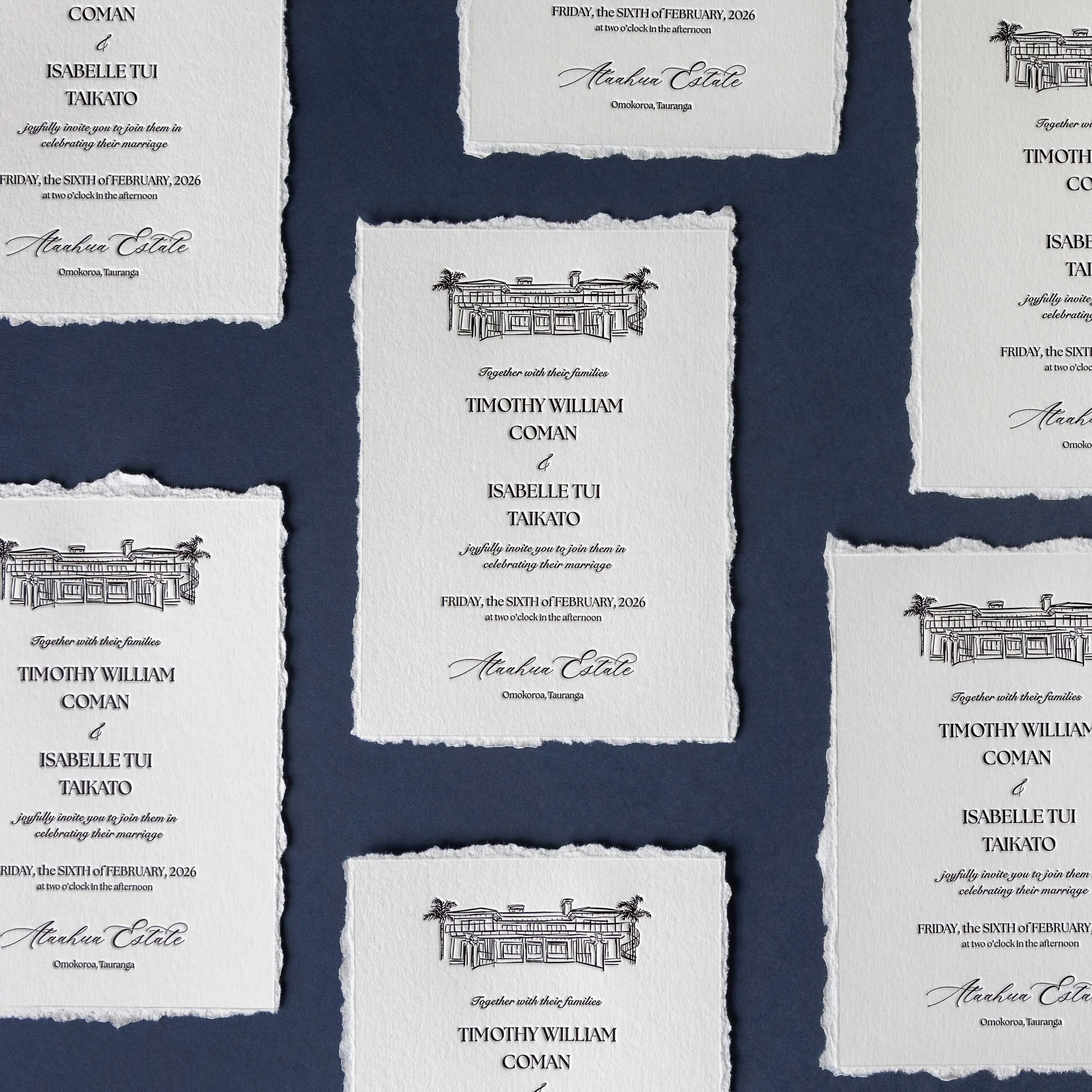 Letterpress wedding invitation with hand-deckled edges and an illustration of Ataahua Estate, printed in New Zealand.
