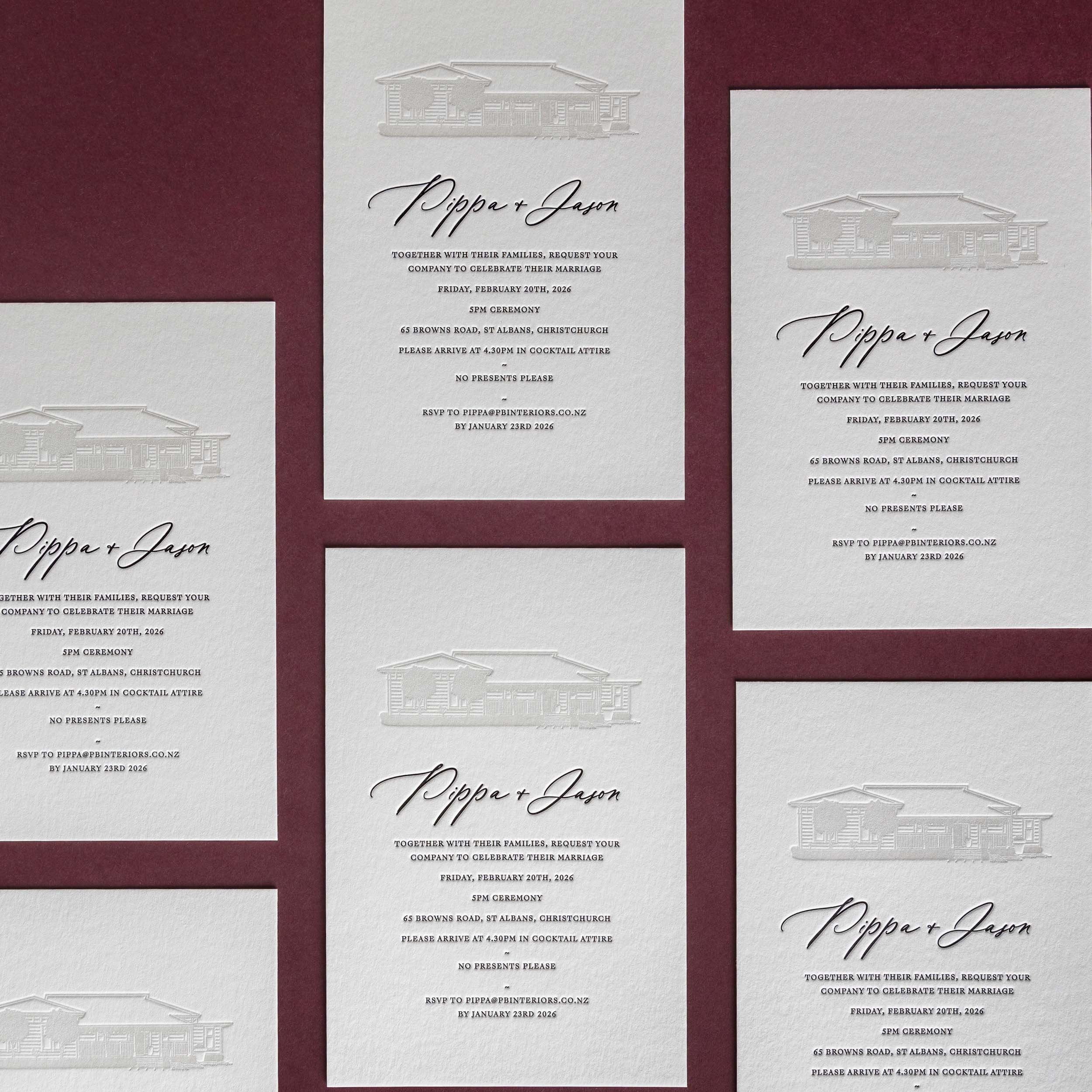 Letterpress wedding invitation featuring a refined illustration of the couple's home, printed with a soft grey ink for crisp architectural detail.