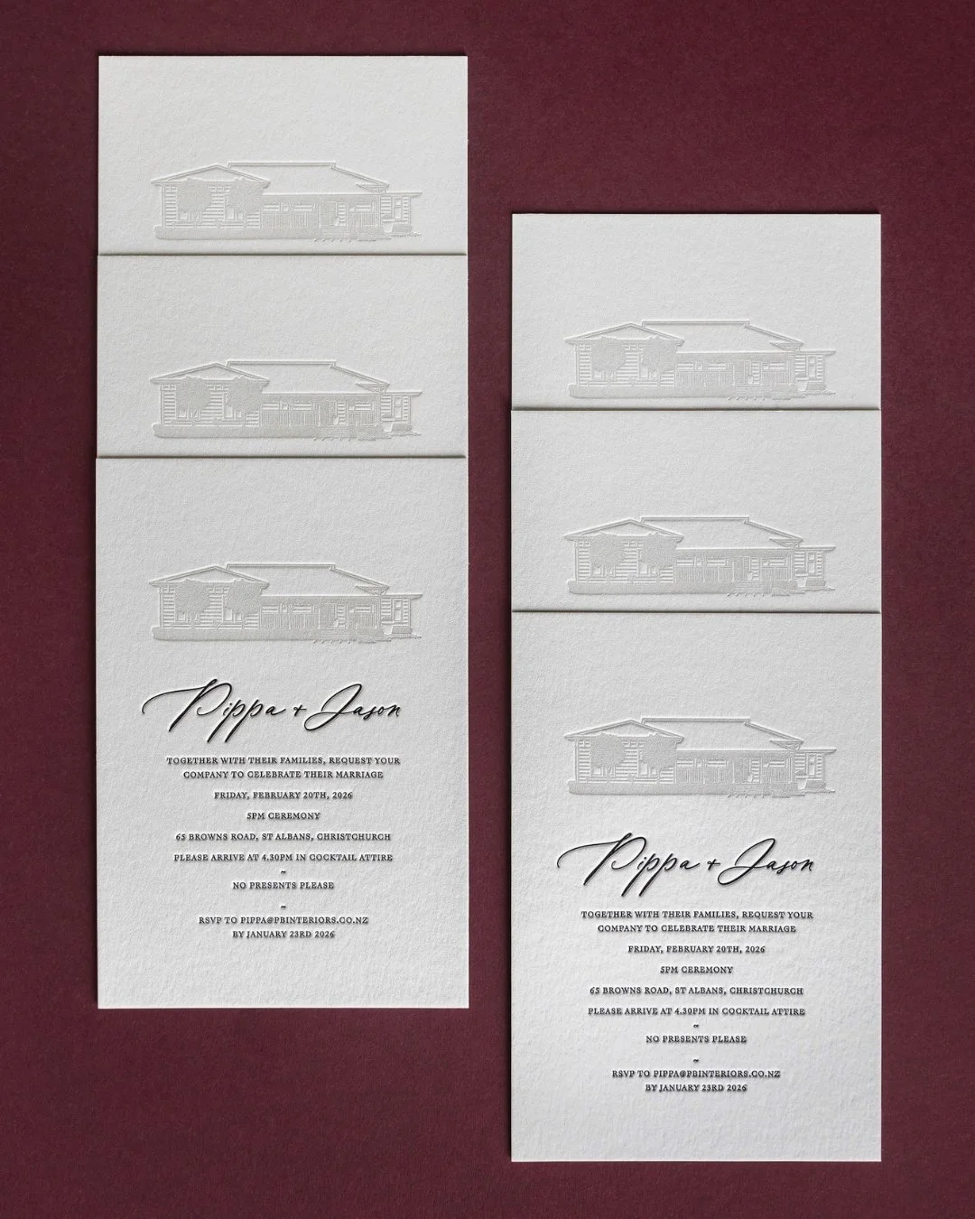 Letterpress wedding invitations featuring a refined architectural illustration of the couple’s home, printed in soft grey ink with black typography.