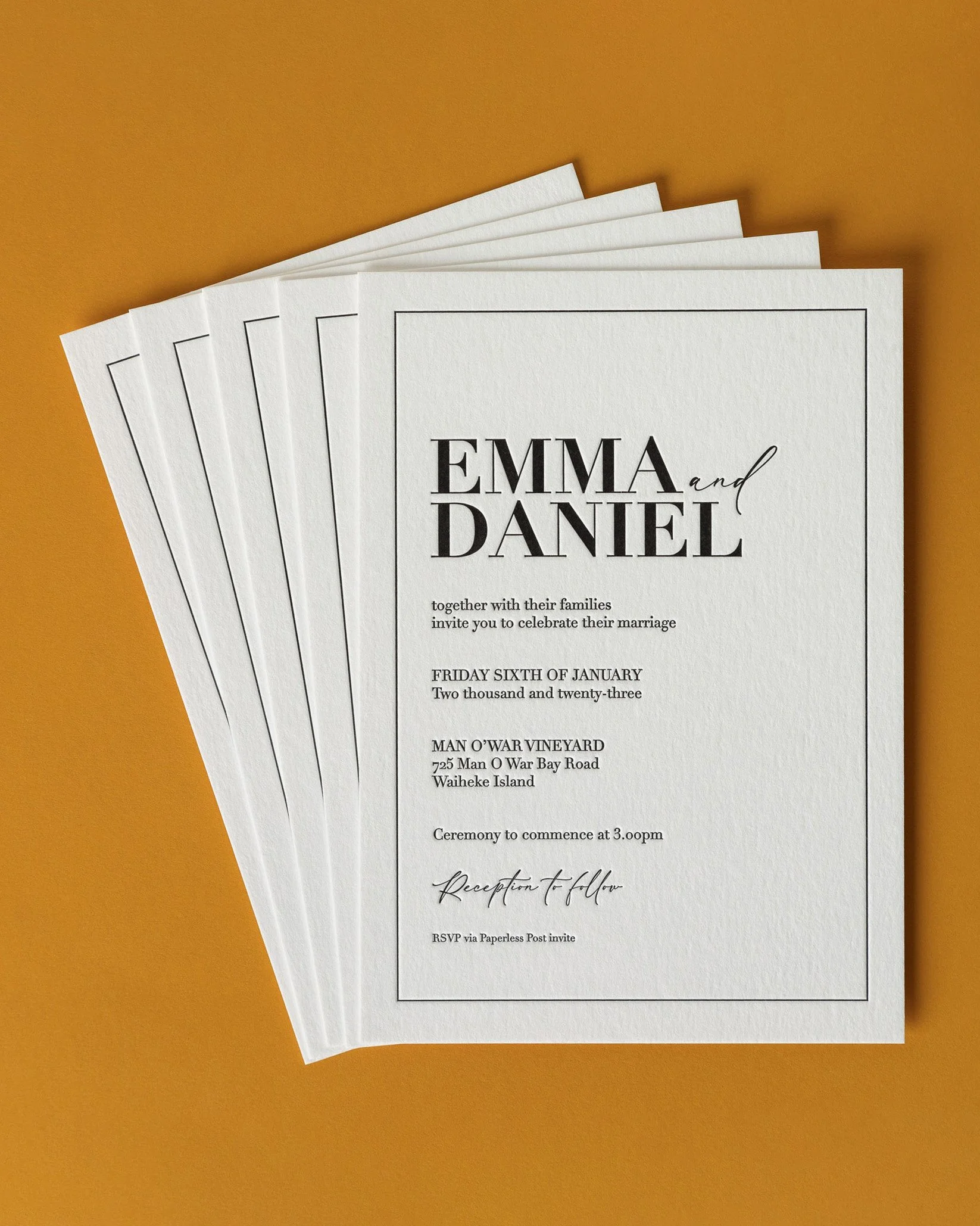 A5 letterpress wedding invitation with crisp black typography on heavyweight cotton paper, created for a wedding at Man O’War Vineyards, Waiheke Island.
