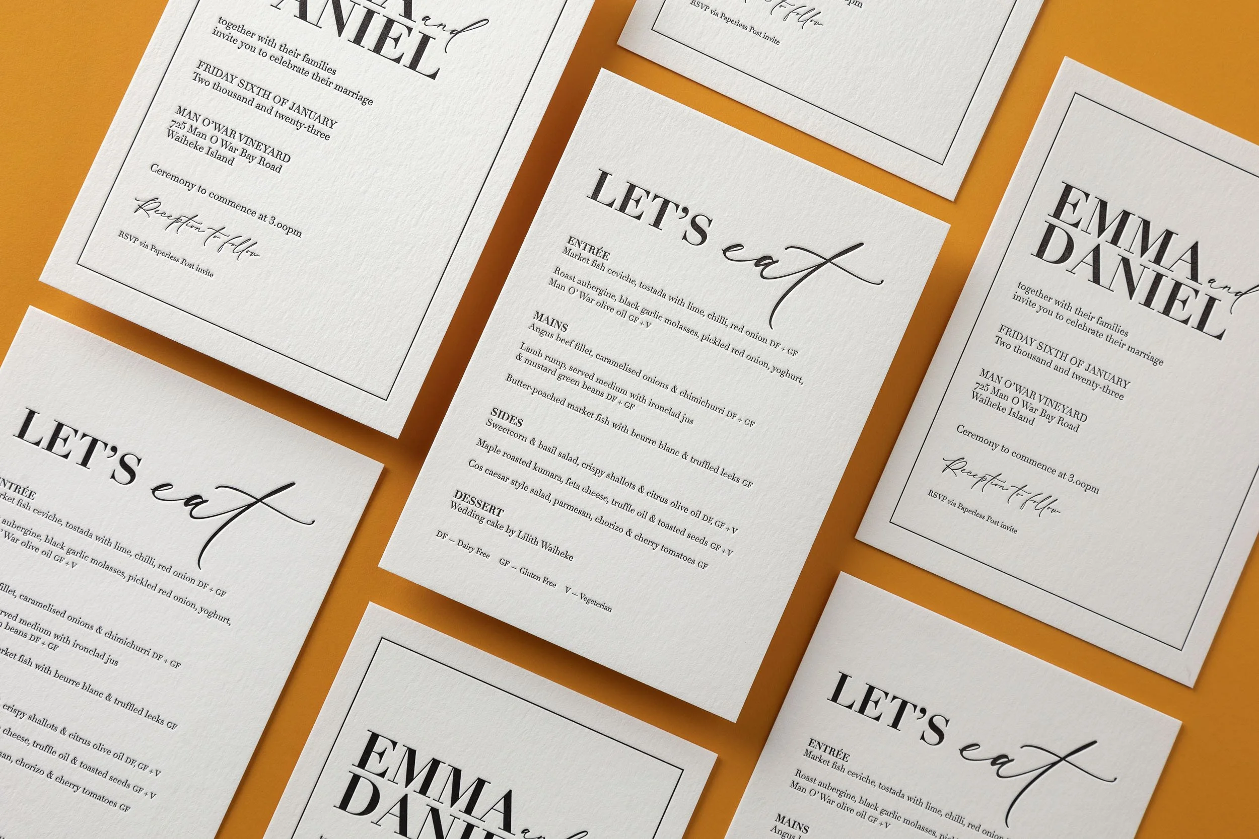 Letterpress wedding invitations and menus printed in crisp black on heavyweight cotton paper for a wedding at Man O’War Vineyards, Waiheke Island.