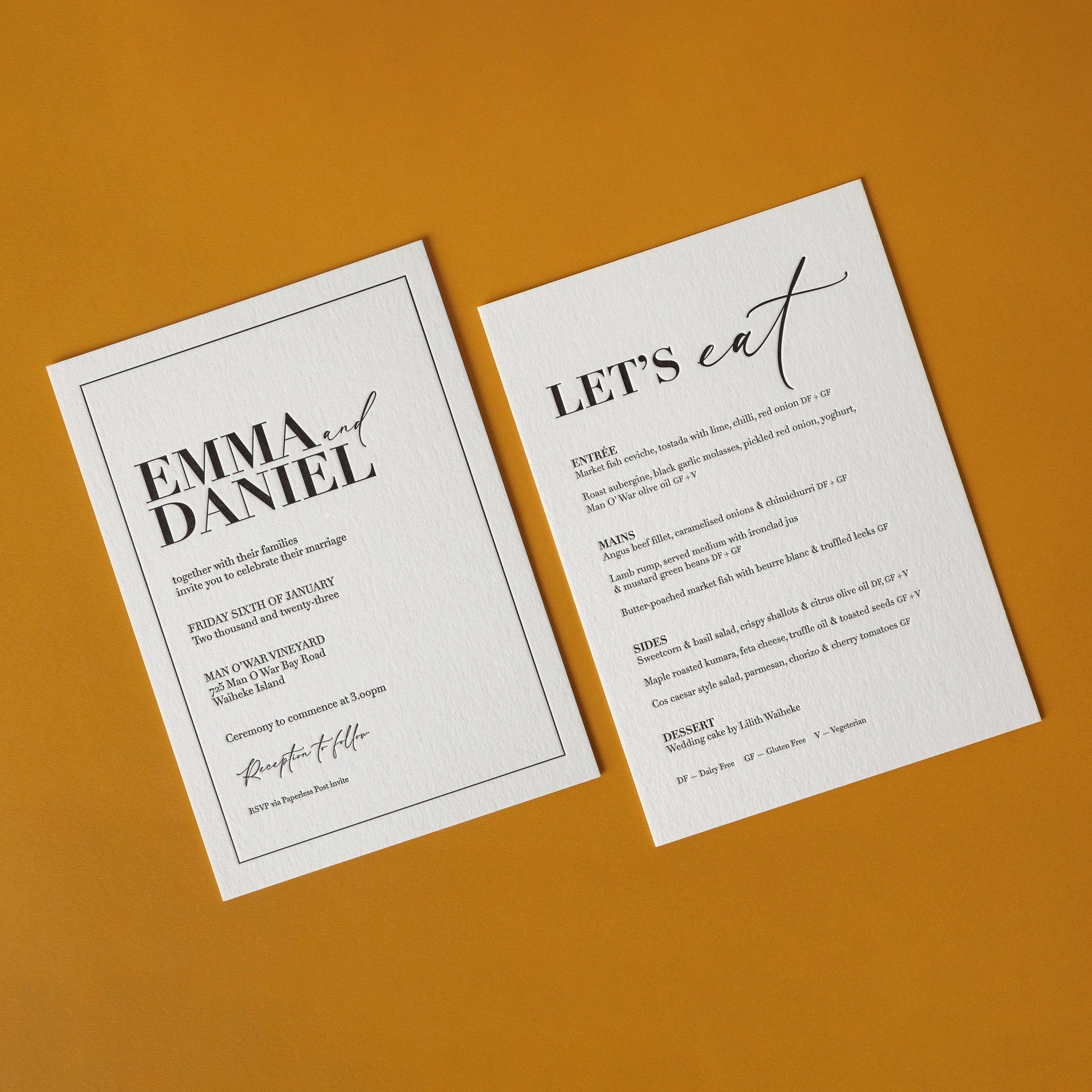 Emma and Daniel's A5 letterpress wedding invitation and menu, featuring crisp black typography on heavyweight cotton paper.