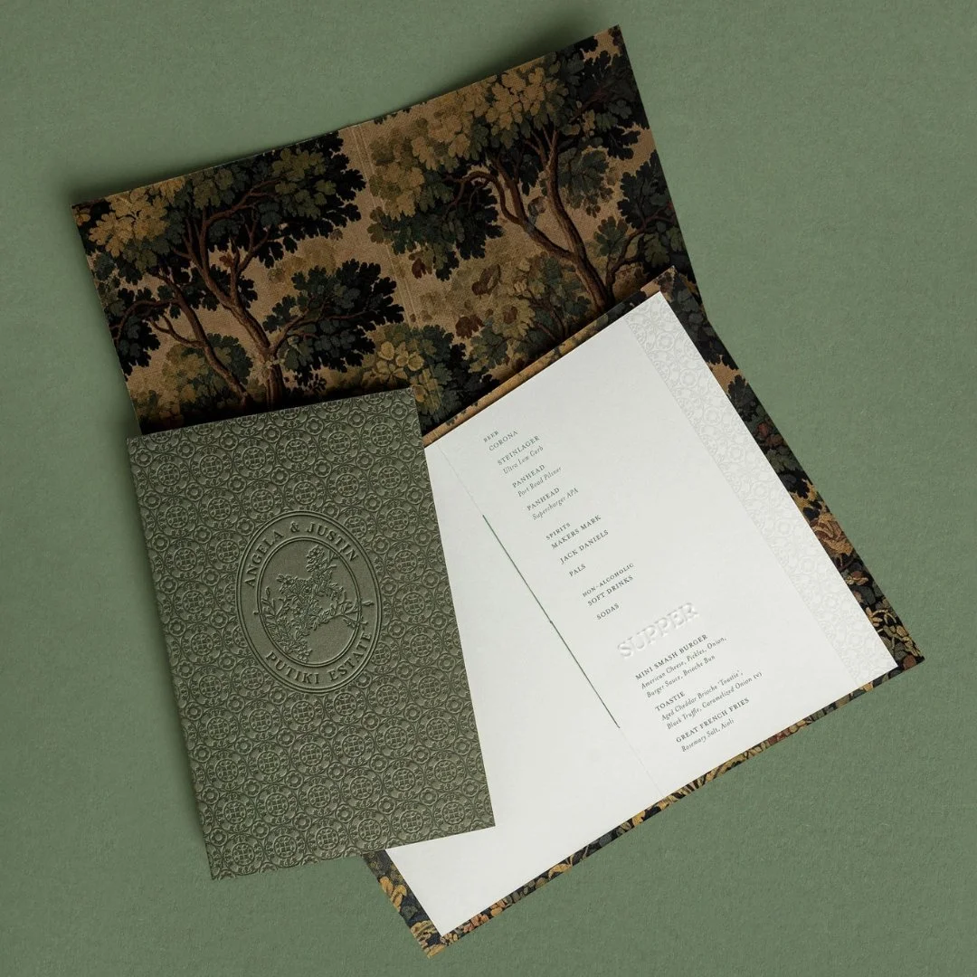 Angela and Justin’s custom wedding bar menu featuring letterpress patterning, embossed titles and artwork carried throughout their wedding day.
