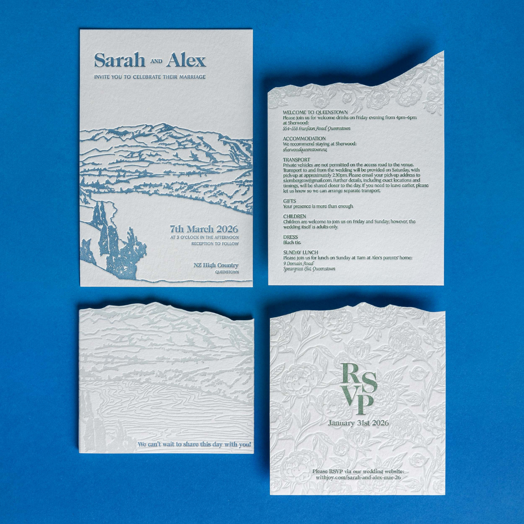 Letterpress wedding invitation suite for Sarah & Alex featuring a layered mountain illustration inspired by NZ High Country near Queenstown and debossed peony details.