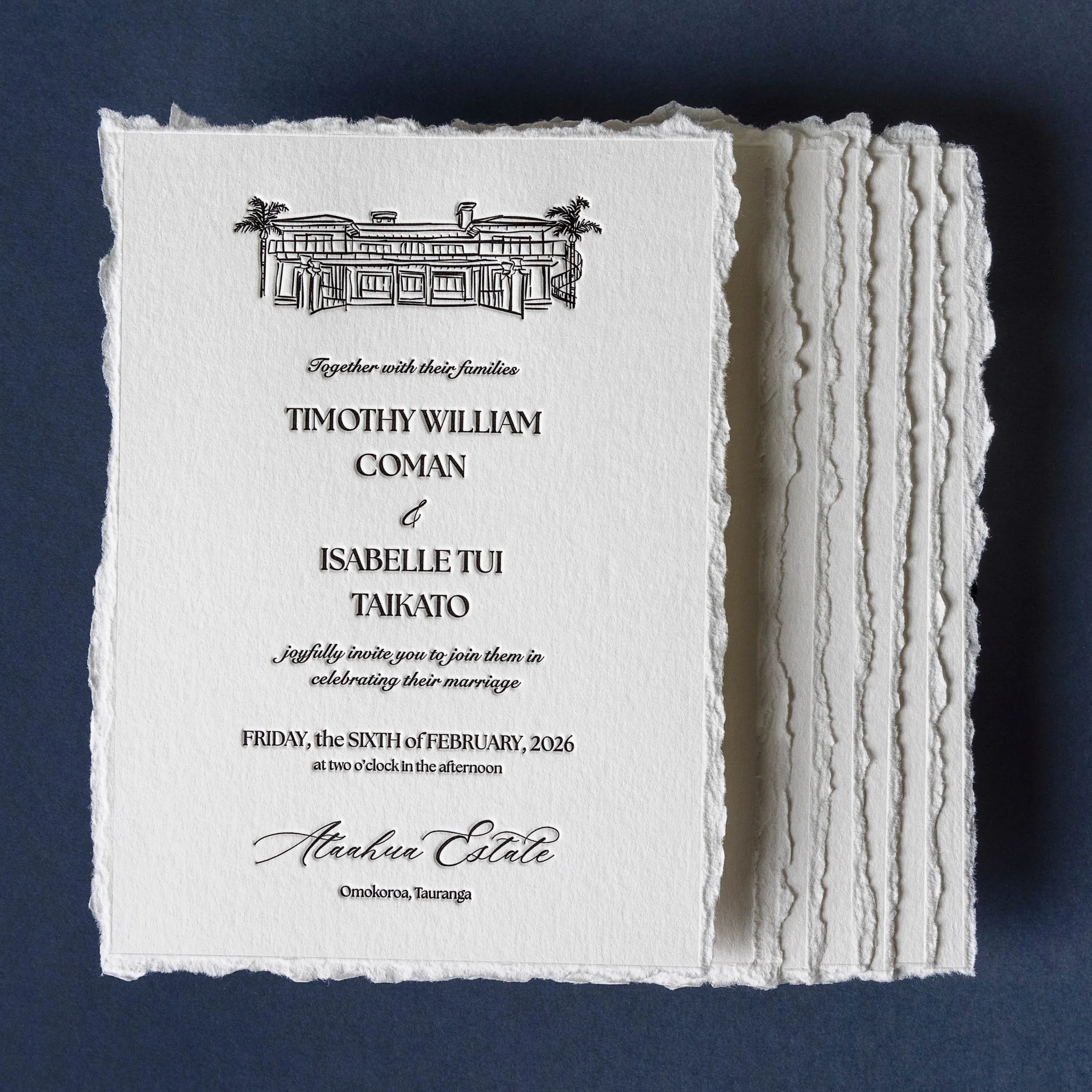 Letterpress wedding invitation with an illustration of Ataahua Estate and hand-deckled cotton paper edges.