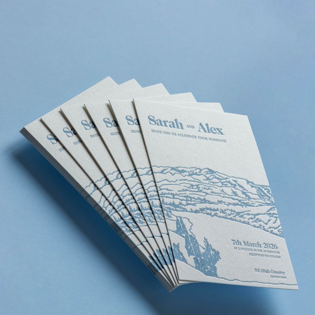 Letterpress wedding invitations featuring a hand-drawn landscape inspired by the view towards Coronet Peak from NZ High Country, Queenstown.